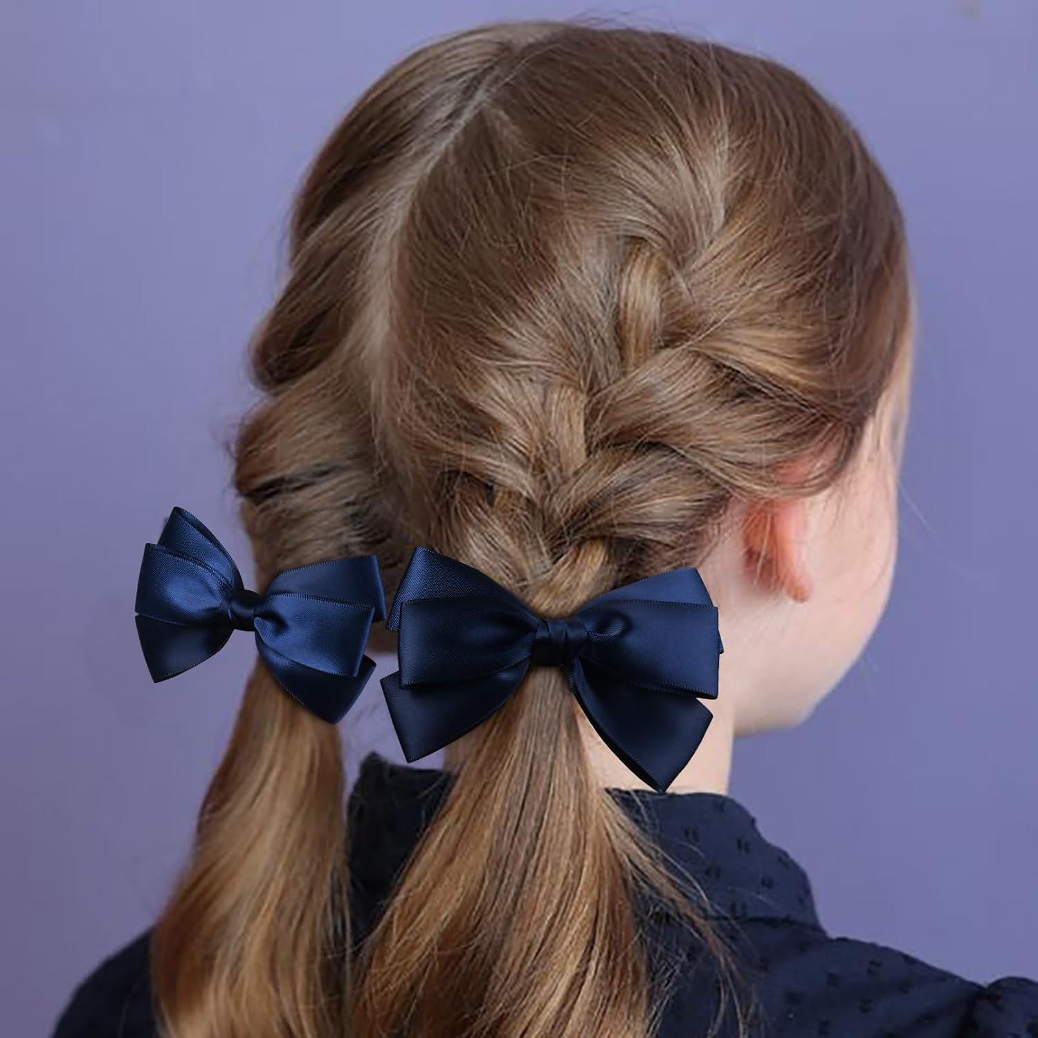DEEKA Navy Bow Headband & 2 Pcs Satin 4 Inch Hair Bows Set Uniform Hair Accessories Hair Band for Little Toddler School Girls -Navy Blue image 5