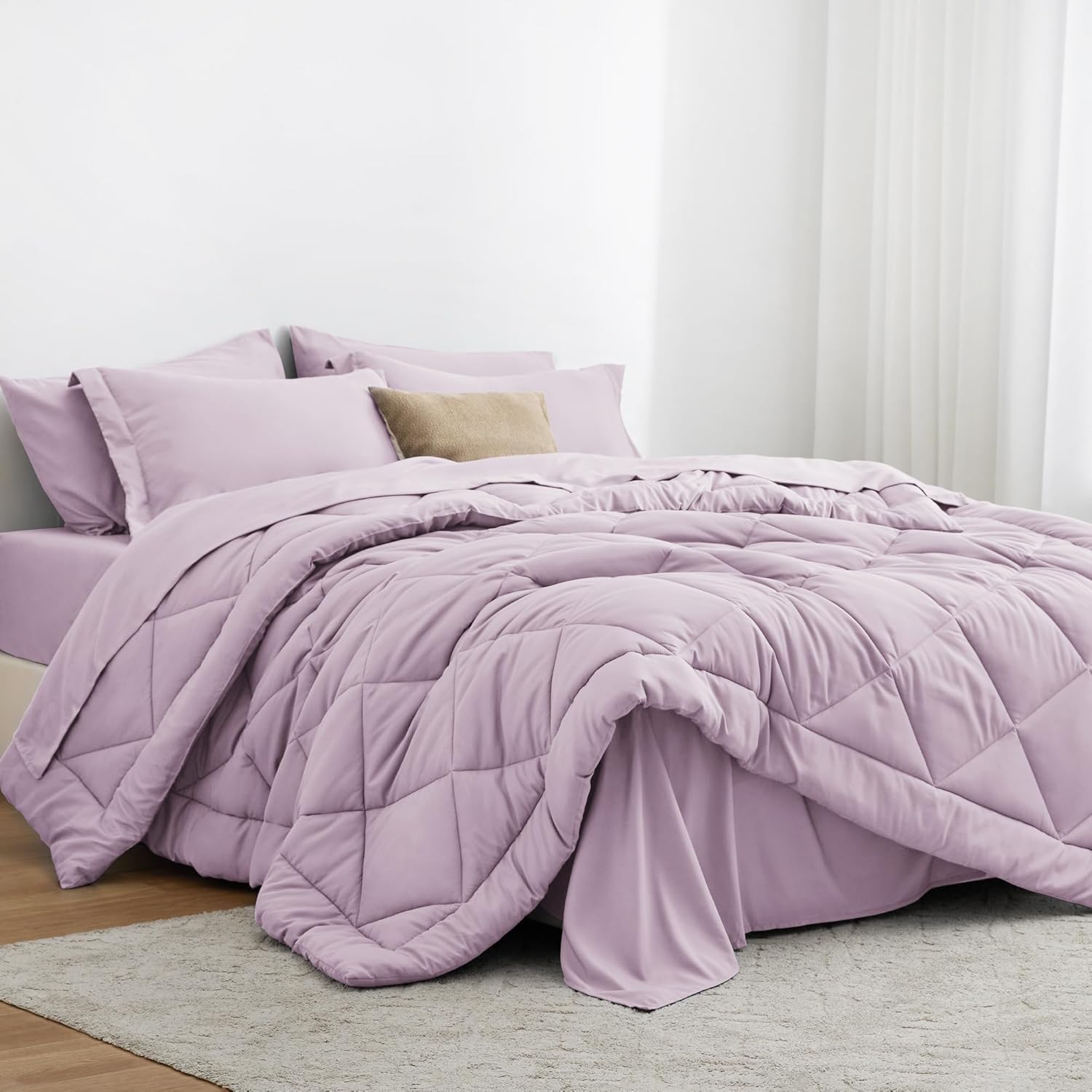 Love's cabin Queen Comforter Set Lavender, 7 Pieces Queen Bed in a Bag, All Season Queen Bedding Sets with 1 Comforter, 1 Flat Sheet, 1 Fitted Sheet, 2 Pillowcase and 2 Pillow Sham