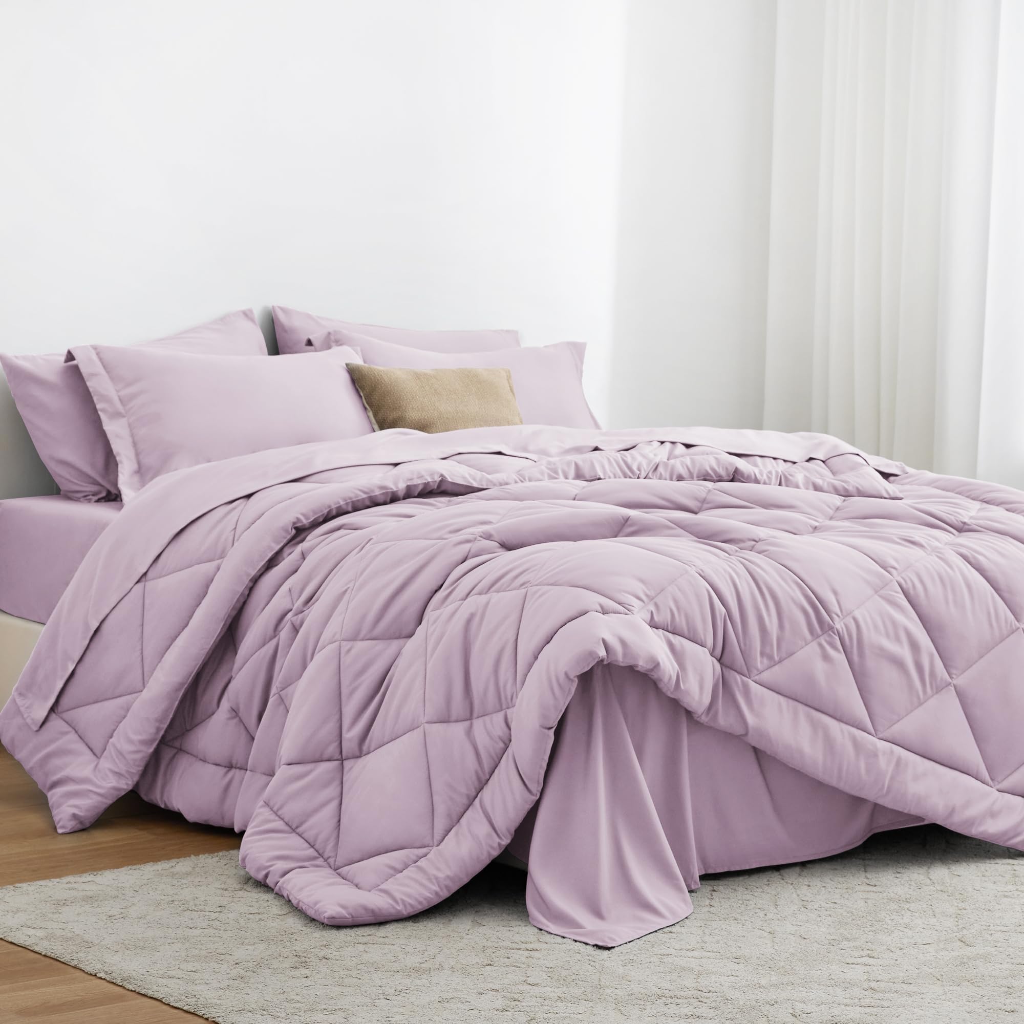 Love's cabin King Size Comforter Set Light Purple, 7 Pieces King Bed in a Bag, All Season Bedding Sets with 1 Comforter, 1 Flat Sheet, 1 Fitted Sheet, 2 Pillowcase and 2 Pillow Sham
