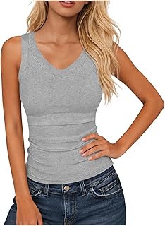Womens Tank Tops Sleeveless V Neck Ribbed Knit Spring Summer Slim Fit Tee Shirts Basic Workout Solid Trendy Clothes