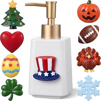 Gejoy Seasonal Soap Dispenser Patriotic 4th of July Magnetic Interchangeable Set - Ceramic Hand Soap Dispenser with 9 Seasonal Resin Ornaments & Magnetic Pads-Festive Bathroom & Kitchen DecGold