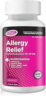 Allergy Relief Antihistamine, Diphenhydramine HCl 25mg, (600 Count), Compared to The National Brand Allergy Ultratabs, Relieves Seasonal Indoor or Outdoor Upper Respiratory Allergies