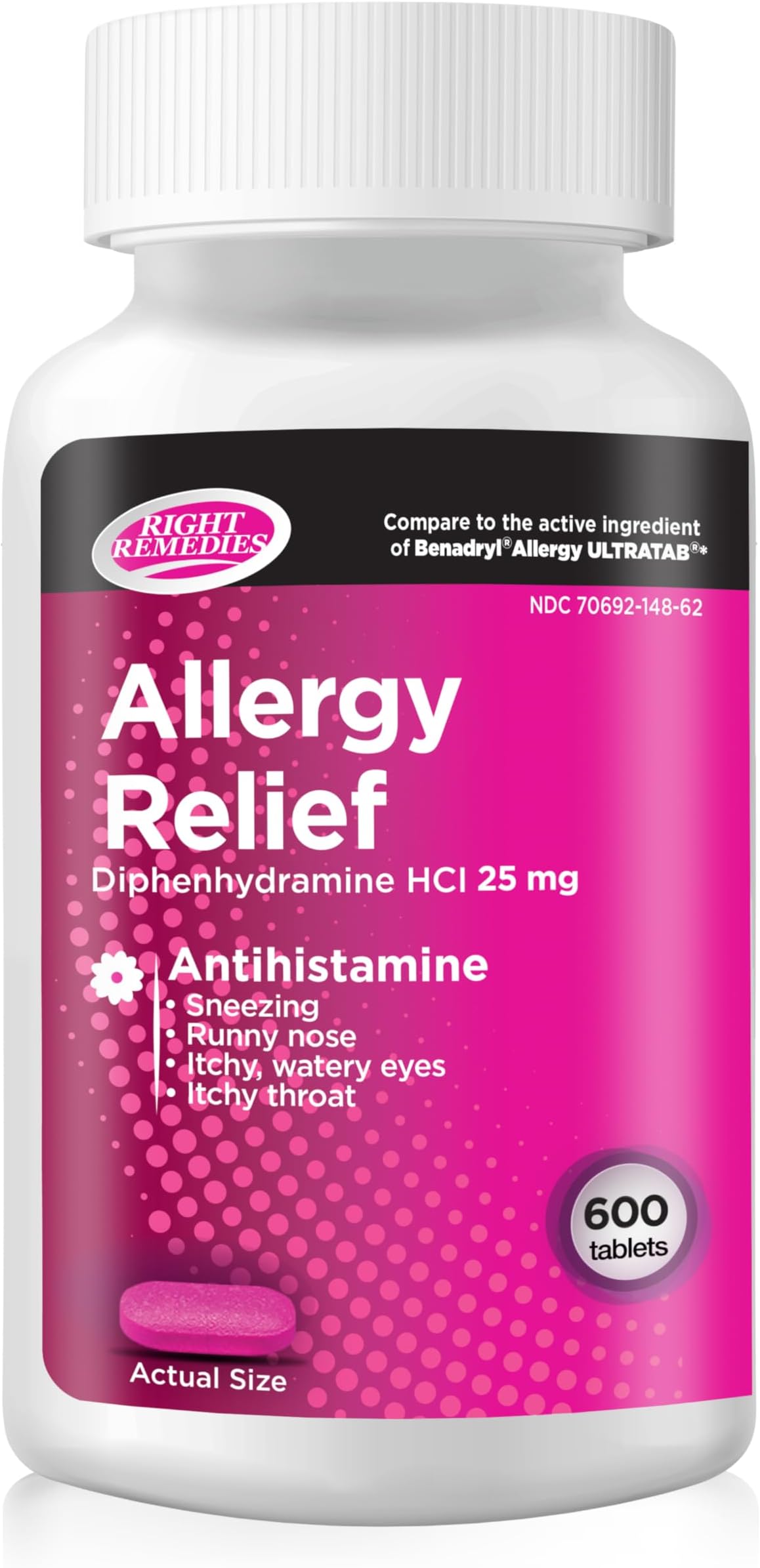 Allergy Relief Antihistamine, Diphenhydramine HCl 25mg, (600 Count), Compared to the National Brand Allergy Ultratabs, Relieves Seasonal Indoor or Outdoor Upper Respiratory Allergies