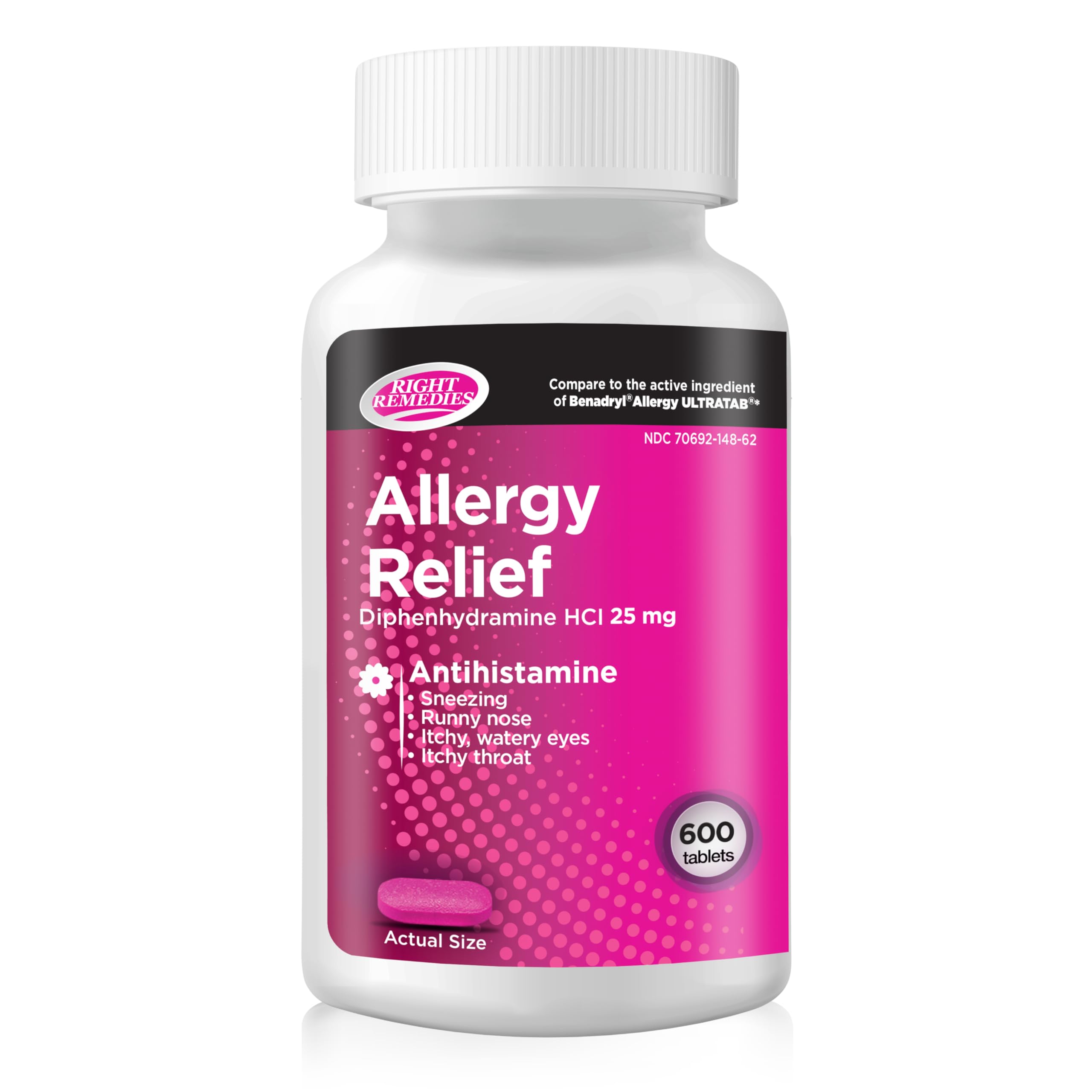 RIGHT REMEDIES Allergy Relief Antihistamine, Diphenhydramine HCl 25mg, (600 Count), Compared to The National Brand Allergy Ultratabs, Relieves Seasonal Indoor or Outdoor Upper Respiratory Allergies