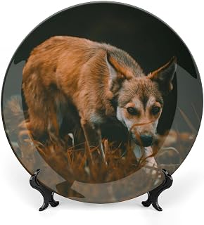 Dog Decorative Plate for Wall Hanging Modern Wall Decor Art Ceramic Plate with Display Stand Round Porcelain Household Plates Dinner Dessert Dish 7"