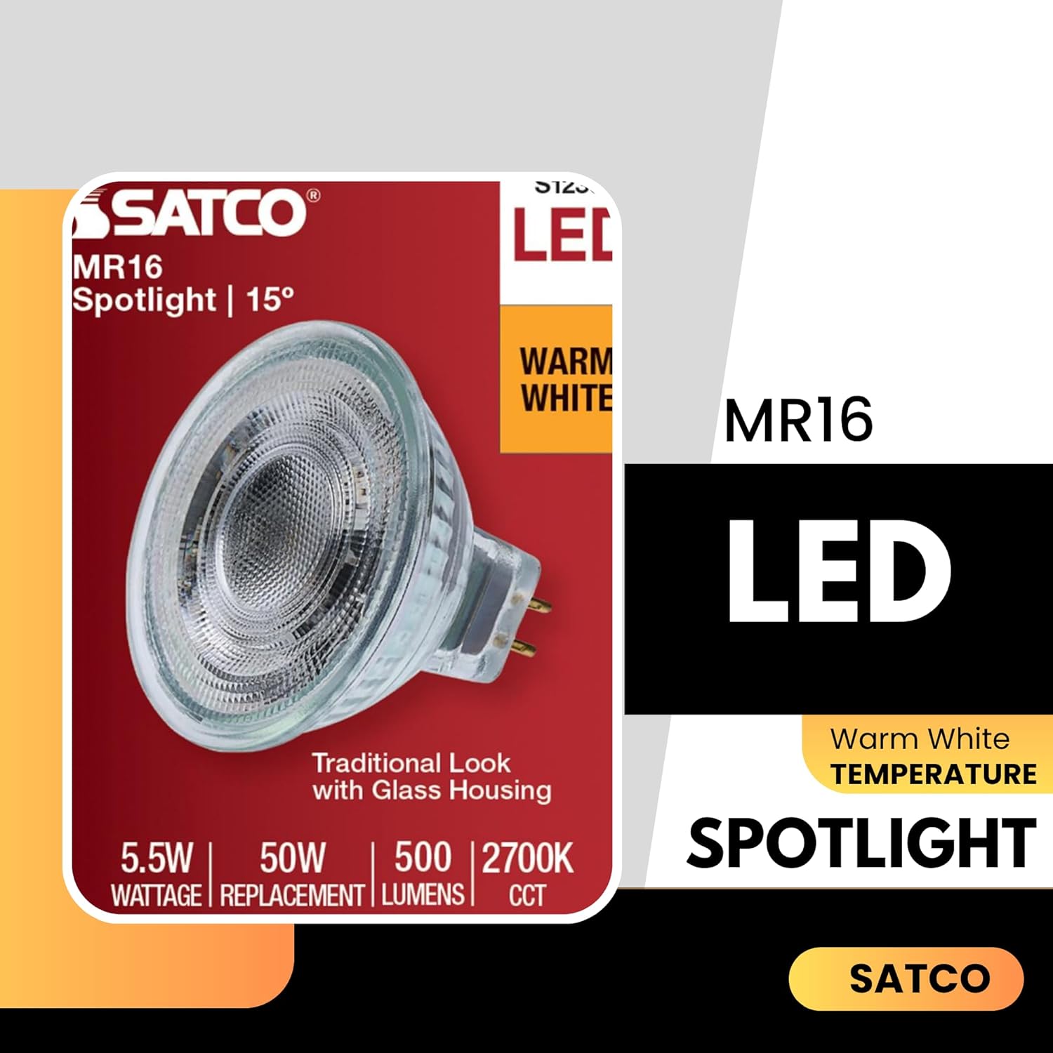 Satco LED MR16 Spotlight 5.5W 50W Equivalent 2700K Warm White 90+ CRI 15 Beam GU5.3 Bi-Pin Base 12V Dimmable Clear Finish Part S12360 (6 Pack)