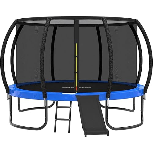 Trampolines 12FT 14FT Trampoline with Slide Safety Enclosure Net, Outdoor Trampoline for Kids and Adults with Heavy Duty Jumping Mat and Spring Cover Pad, ASTM Approved
