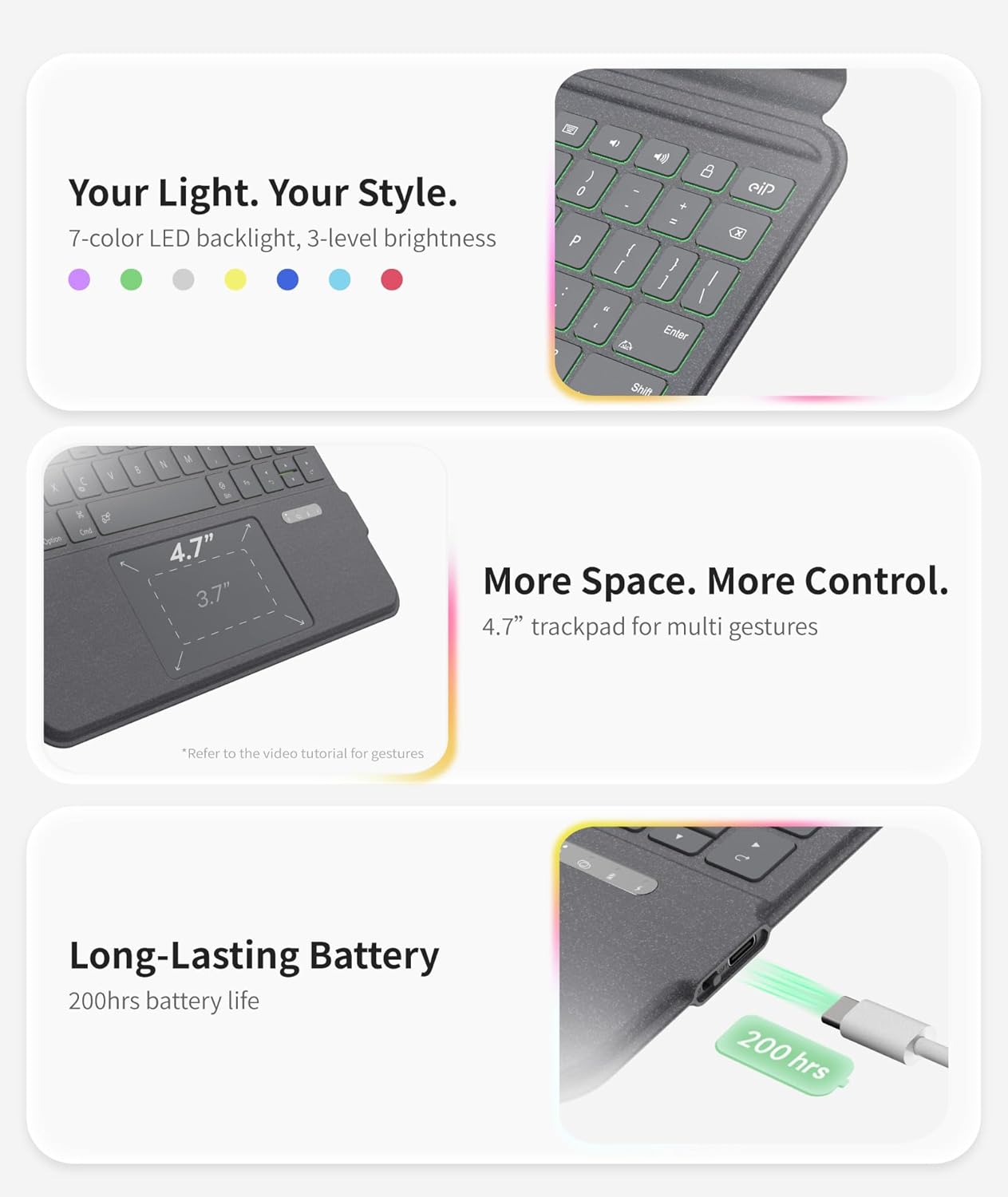 EIP Bluetooth Keyboard Case for iPad 10.2 inch (7th/8th/9th Gen) & iPad Air 10.5 inch (3rd Gen), 10.2 "Magnetic Detachable Cover with Trackpad, 7-Color Backlit Keys, Slim Protective Smart Case - Image 5