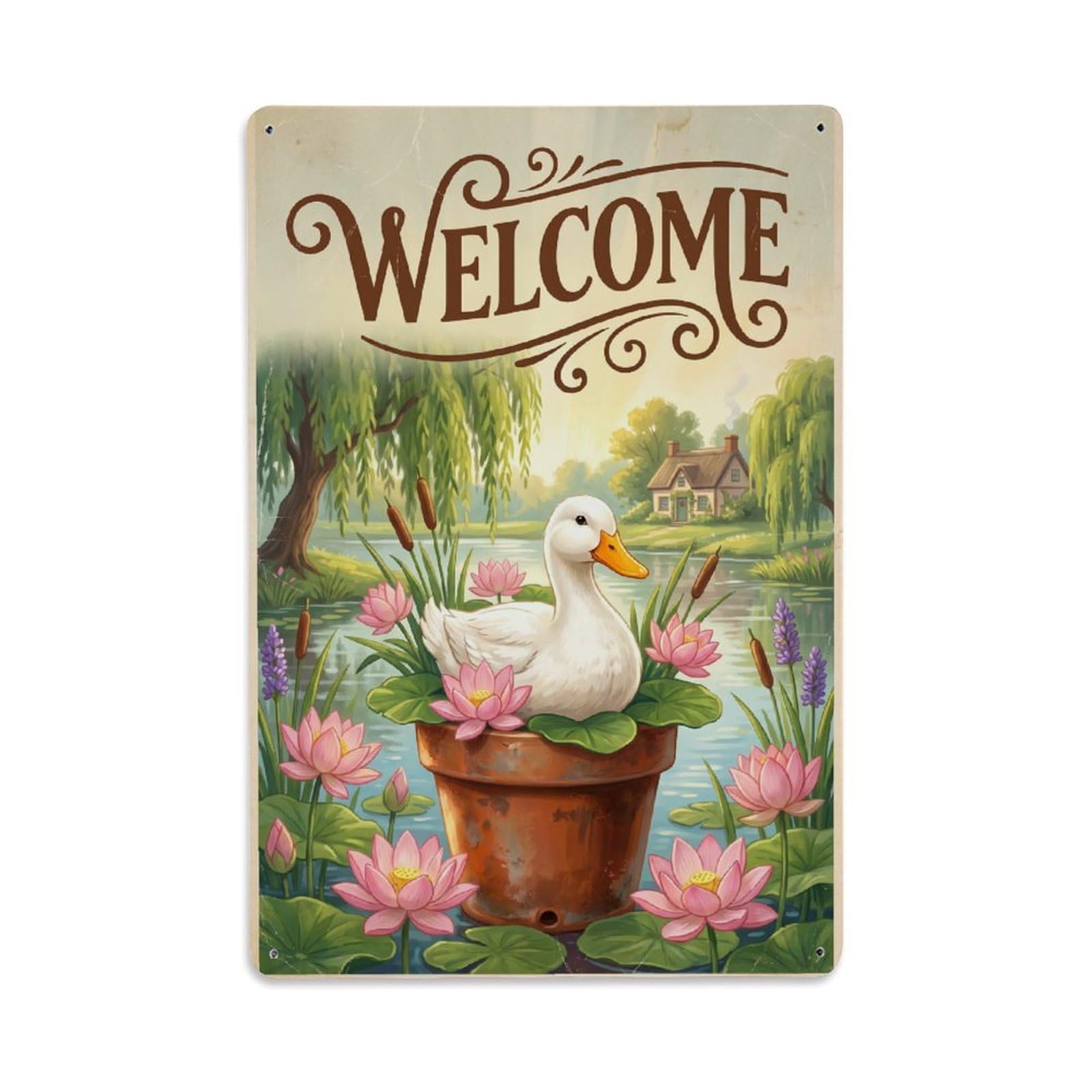 Cxhjca 8X12inch(20X30cm) Vintage Welcome Duck Morning Dew Metal Tin Sign