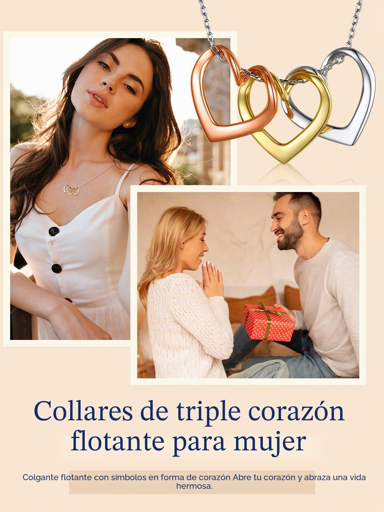 Suplight Collar Mujer Plata de Ley 925 Colgante con 1/2/3 Corazones Collar Amor Eterno Plata/Oro/Oro Rosa Cadena 40cm+5cm
