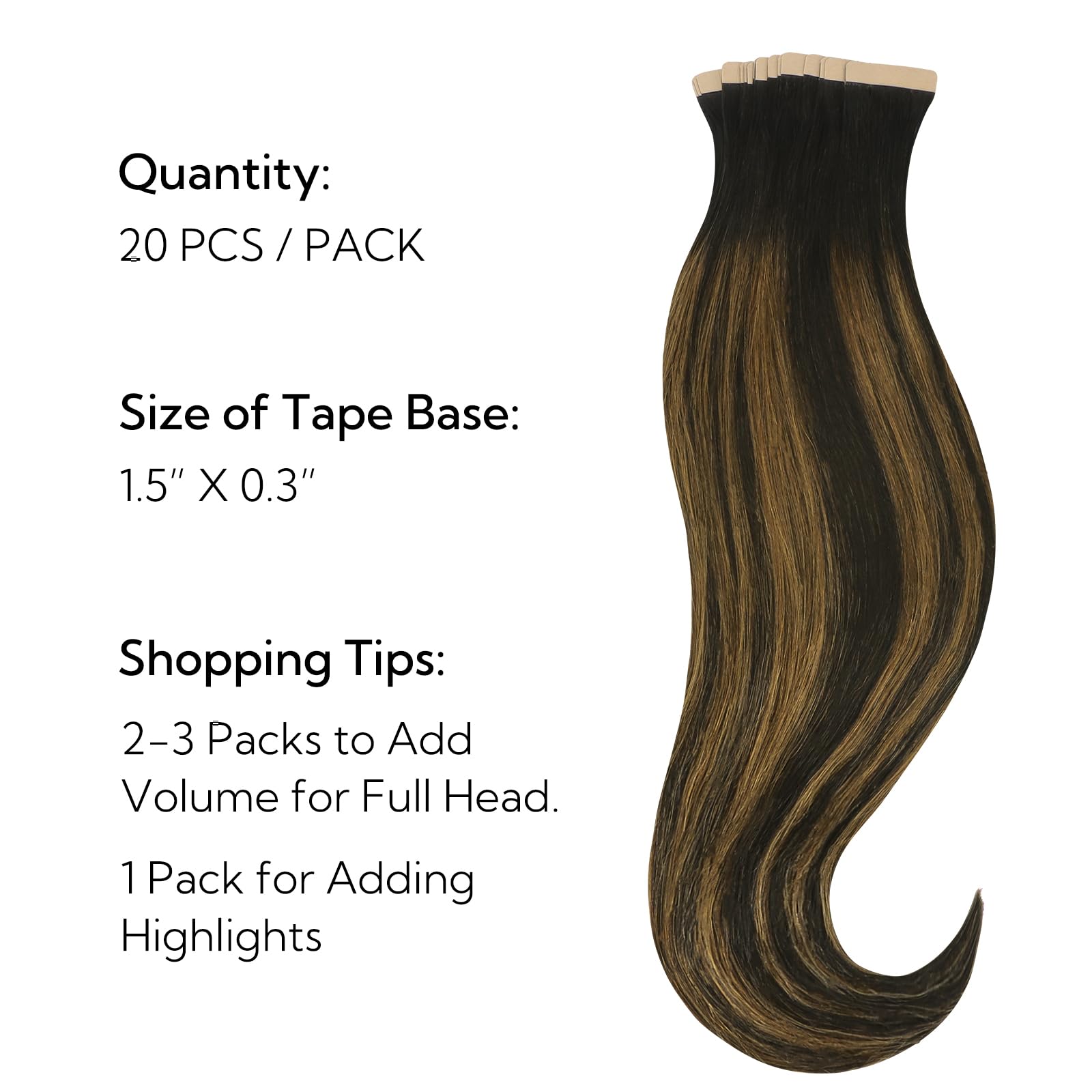 HOTBANANA Extension Capelli Veri Biadesivo, Nero Naturale Misto Marrone Extension Biadesive Capelli Veri Lisci 35cm 20pcs Remy Tape in Hair Extensions 50g