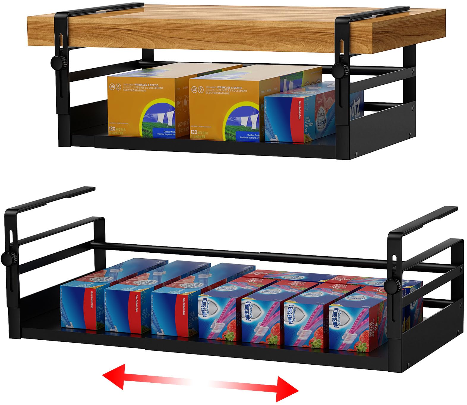 AmonHouseware Regalkorb-Organizer, verstellbar, unter dem Schrank, Hängeregal, Länge dehnbar, 33-53 cm, für Küche, Speisekammer, Schreibtisch, Theke, Bücherregal, Schrank, Schwarz, 2 Stück