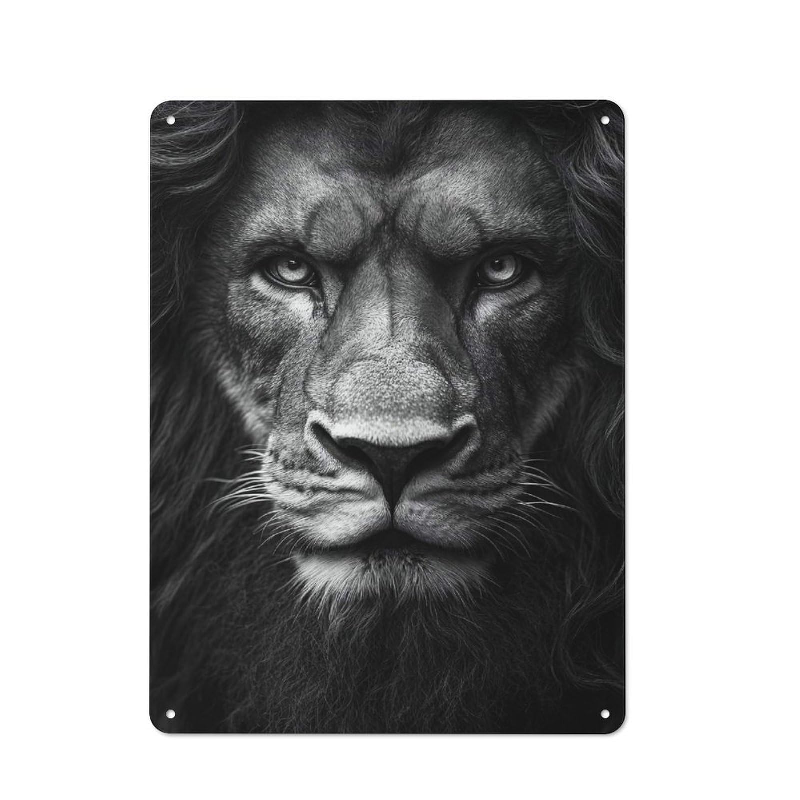 Junmoney Style-16 Monochrome Lion Portrait Retro Metal Sign 40X30cm, Distressed Look Retro Room Decor For Living Room, Hallway, Kitchen Or Cafe