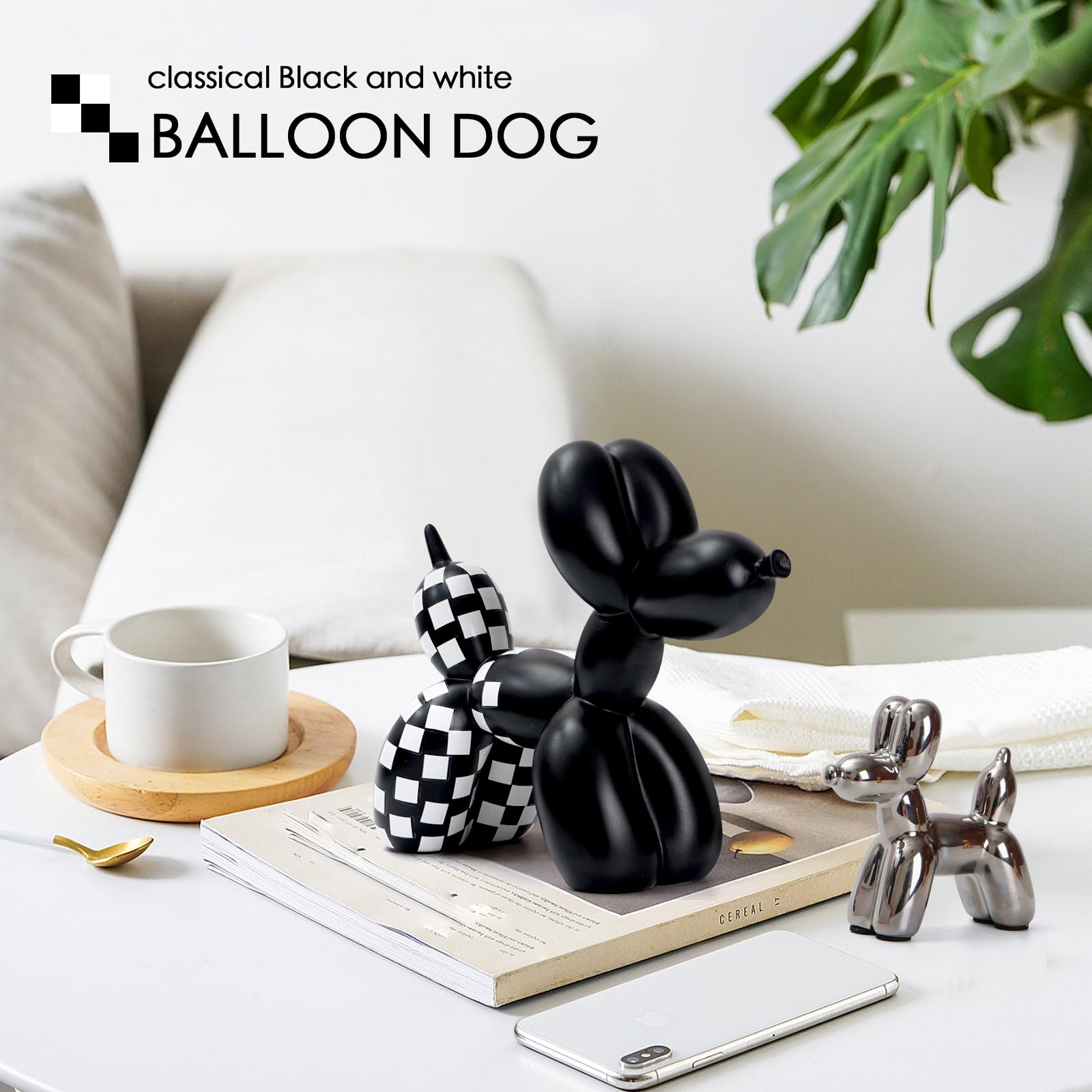 Notakia Statua a scacchi bianca e nera a scacchi con palloncino a forma di cane, decorazione per soggiorno e scrivania, fatta a mano, moderna, piccola mensola, ornamento per la casa