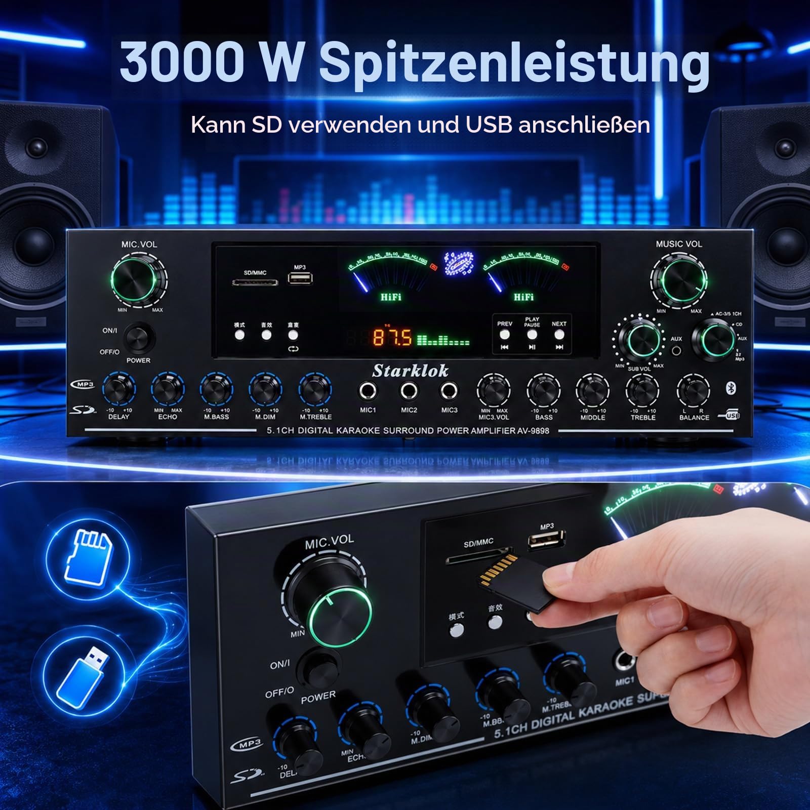 3000W Verstärker HiFi Stereo, 5.1-Channel Stereo Verstärker, 3 Mikrofoneingängen, Bluetooth 5.0, USB/FM/SD LED, App-Steuerung, Cinch, Glasfaser/Koaxial Eingang für Karaoke