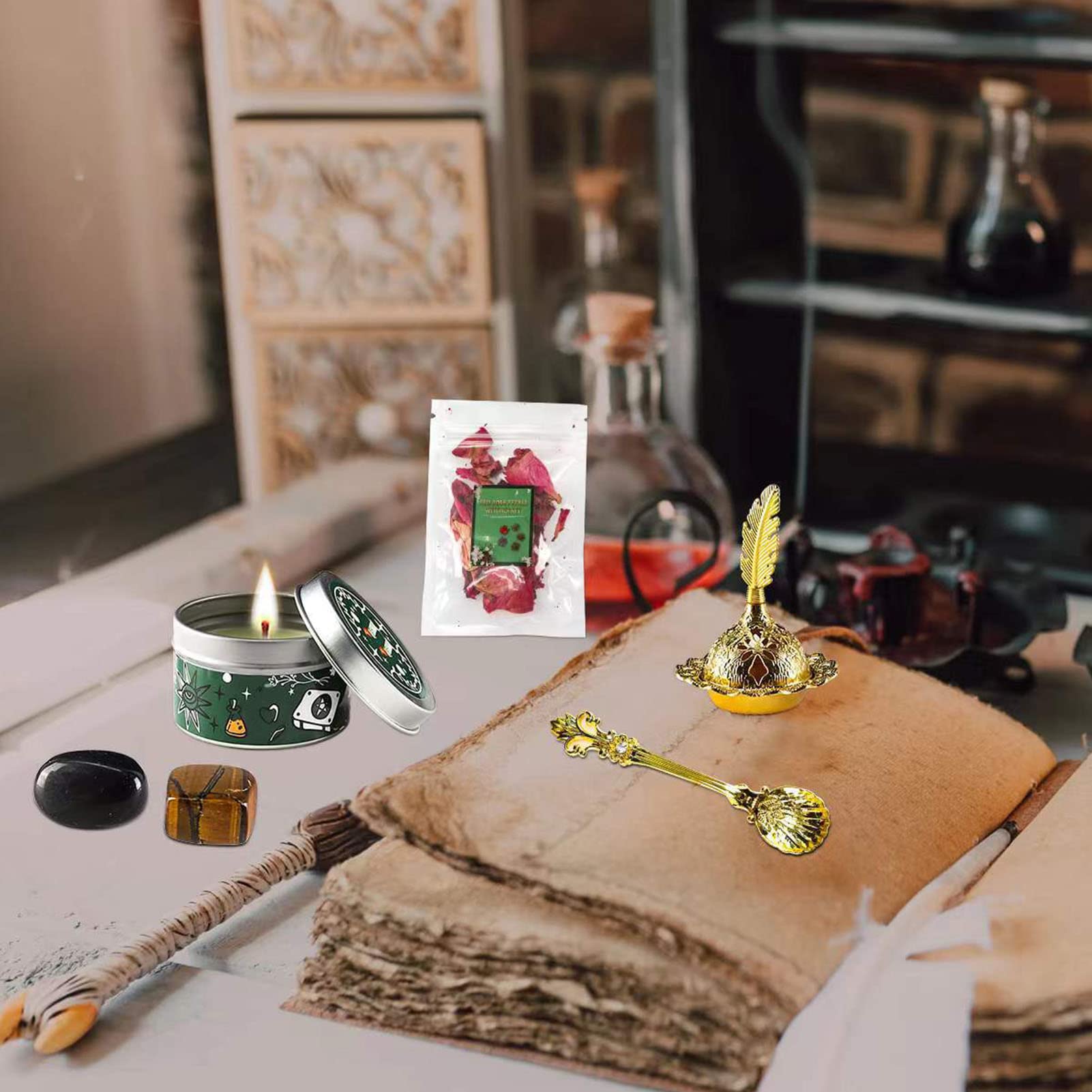 NOBRIM Kit di Stregoneria per la guarigione dei Cristalli Cristalli Candele alla Vaniglia essiccate Strega per Principianti Streghe esperte Incantesimi Pagani Forniture per Stregoneria