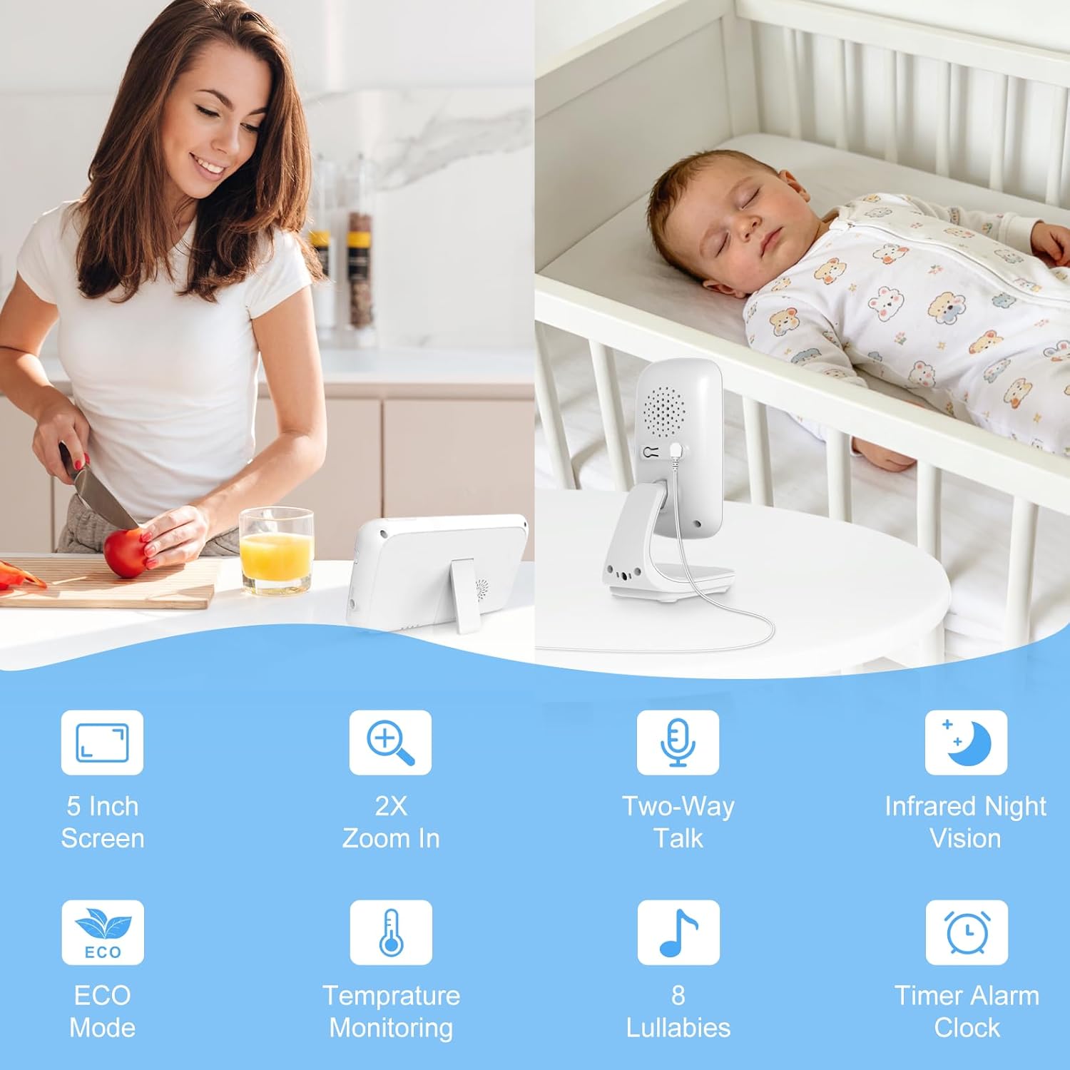 Baby Monitor 5 inch Screen, No WiFi, with Camera and Audio, Night Vision, VOX, 2-Way Talk, 8 Lullabies, Temperature Sensor, 1000ft Long Range, Portable Baby Camera Monitor for new Parents/Elderly/Pet