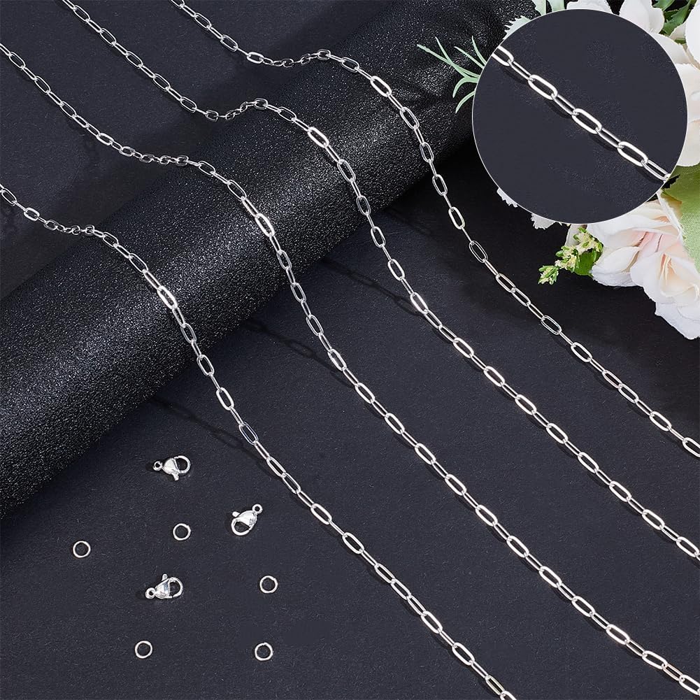 Beebeecraft 1 Roll 16.4 Feet/5m Paperclip Chain for Jewelry Making 925 Sterling Silver Plated Brass Cable Chain with 10Pcs Lobster Clasp 50Pcs Open Jump Ring for Necklace Bracelet Making Kits DIY