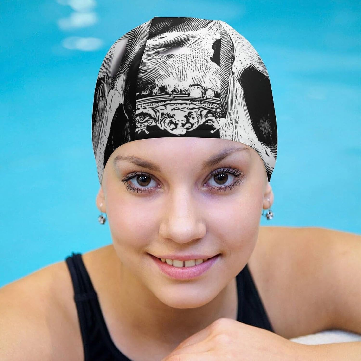 Vintage Skull with Gothic Border Womens Swim Cap for Men Adult Swimming Hat Curly Short Medium Long Hair