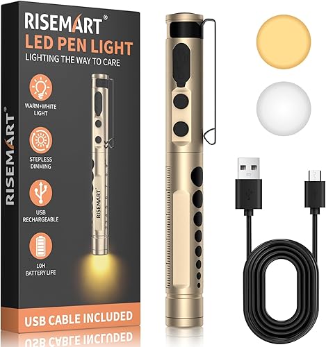 RISEMART Luz de bolígrafo para enfermera, luz LED médica recargable, blanco cálidofrío y atenuación continua, luz médica portátil para enfermera,