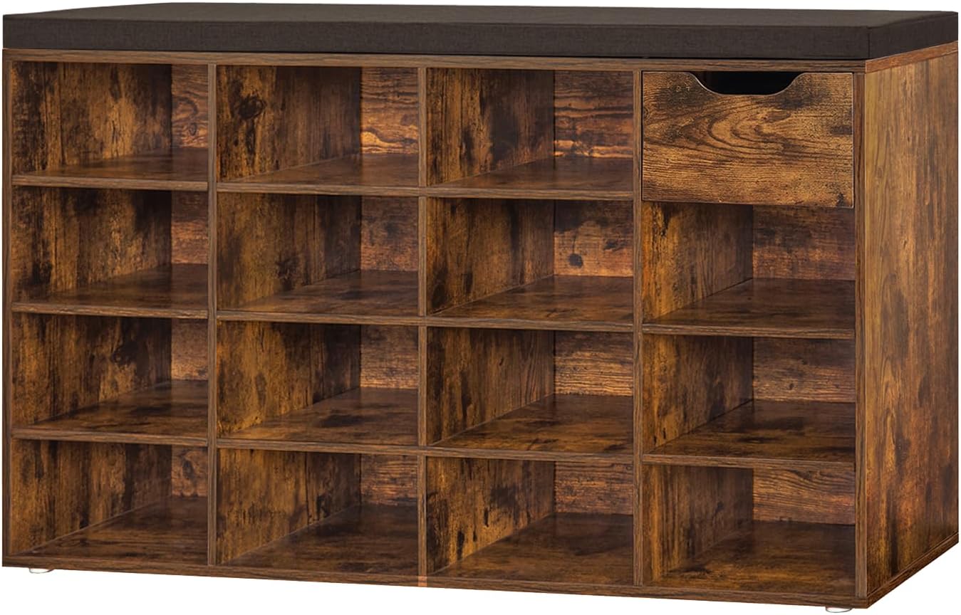 DINZI LVJ Shoe Bench, Entryway Storage Bench with Drawer and 15 Cubbies, Cubby Shoe Rack with Adjustable Shelves, Shoe Organizer Cabinet for Living Room, Bedroom, Mudroom and Garage, Rustic Brown