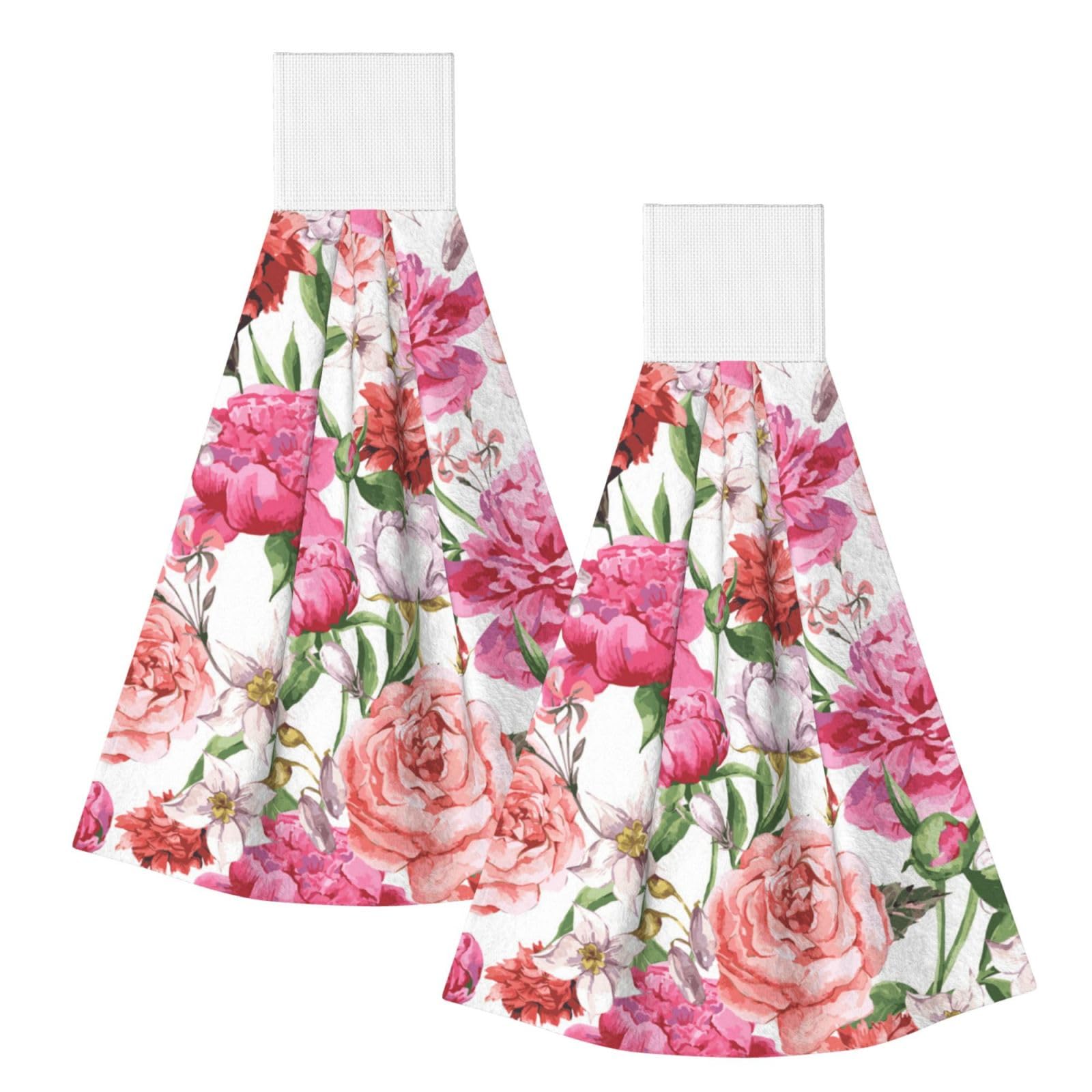 DOPKLNA Garden Peony, 2 Pcs Hanging Coral Fiber Hand Towels for Bathroom, Absorbent Kitchen Towels