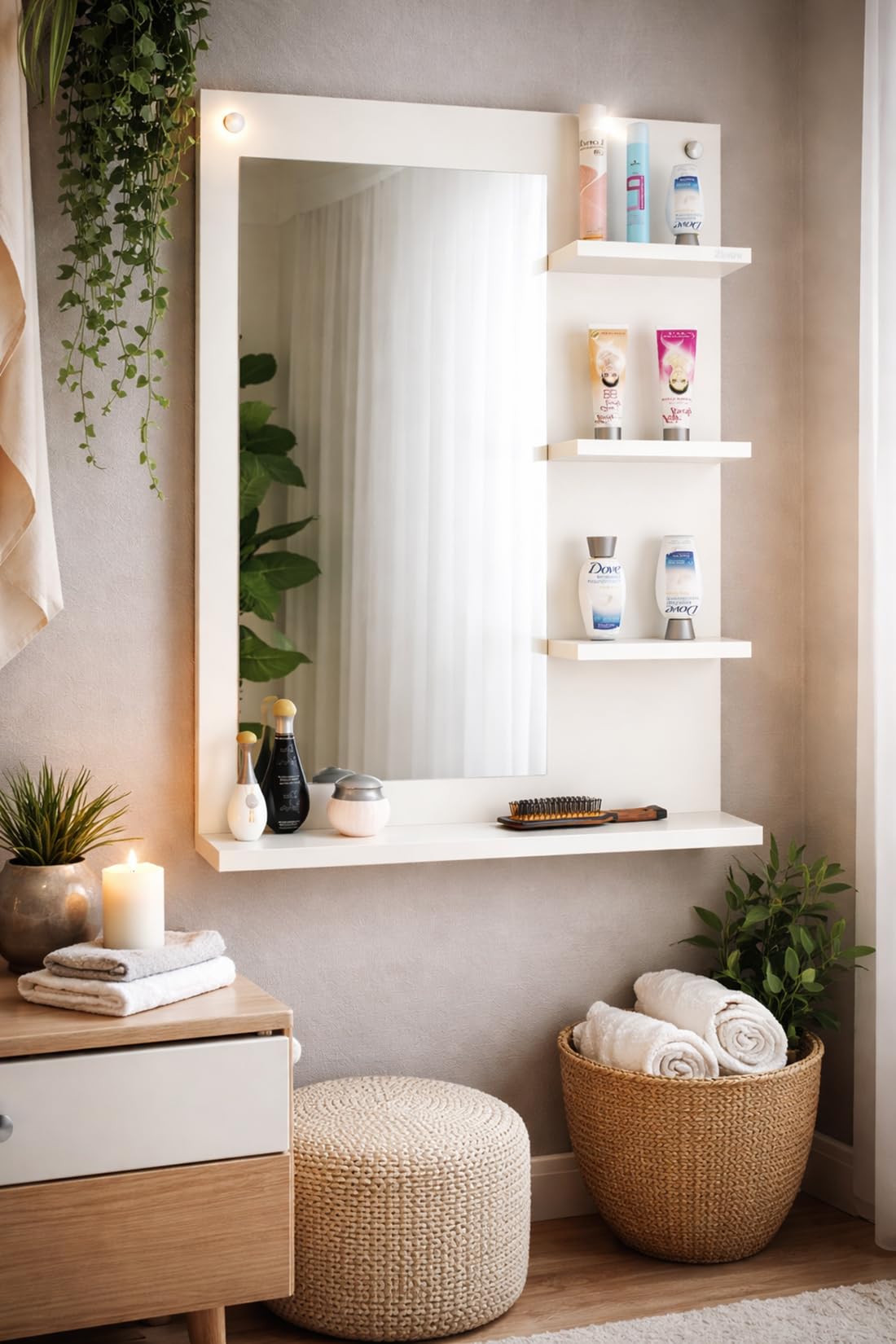 Wall Mounted Dressing Table with Mirror, 4 Storage Shelves, White Finish, Engineered Wood, 80x60x13 cm-image-34