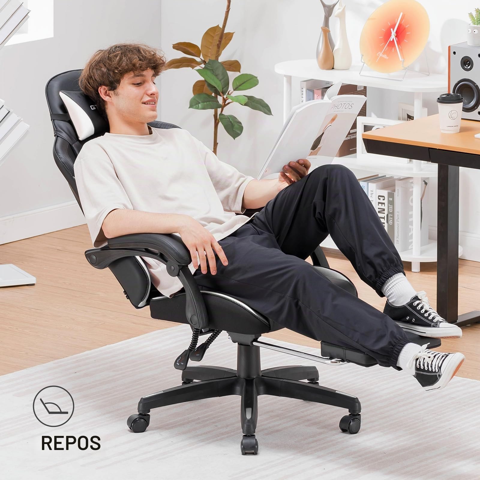 GTPLAYER Chaise Gaming, Chaise de Bureau Ergonomique Réglable en Hauteur, Utilisable en Hiver et en Été, avec Dossier Double, Repose-Pieds, Housse Amovible et Support Lombaire, Supporte 150 kg, Blanc