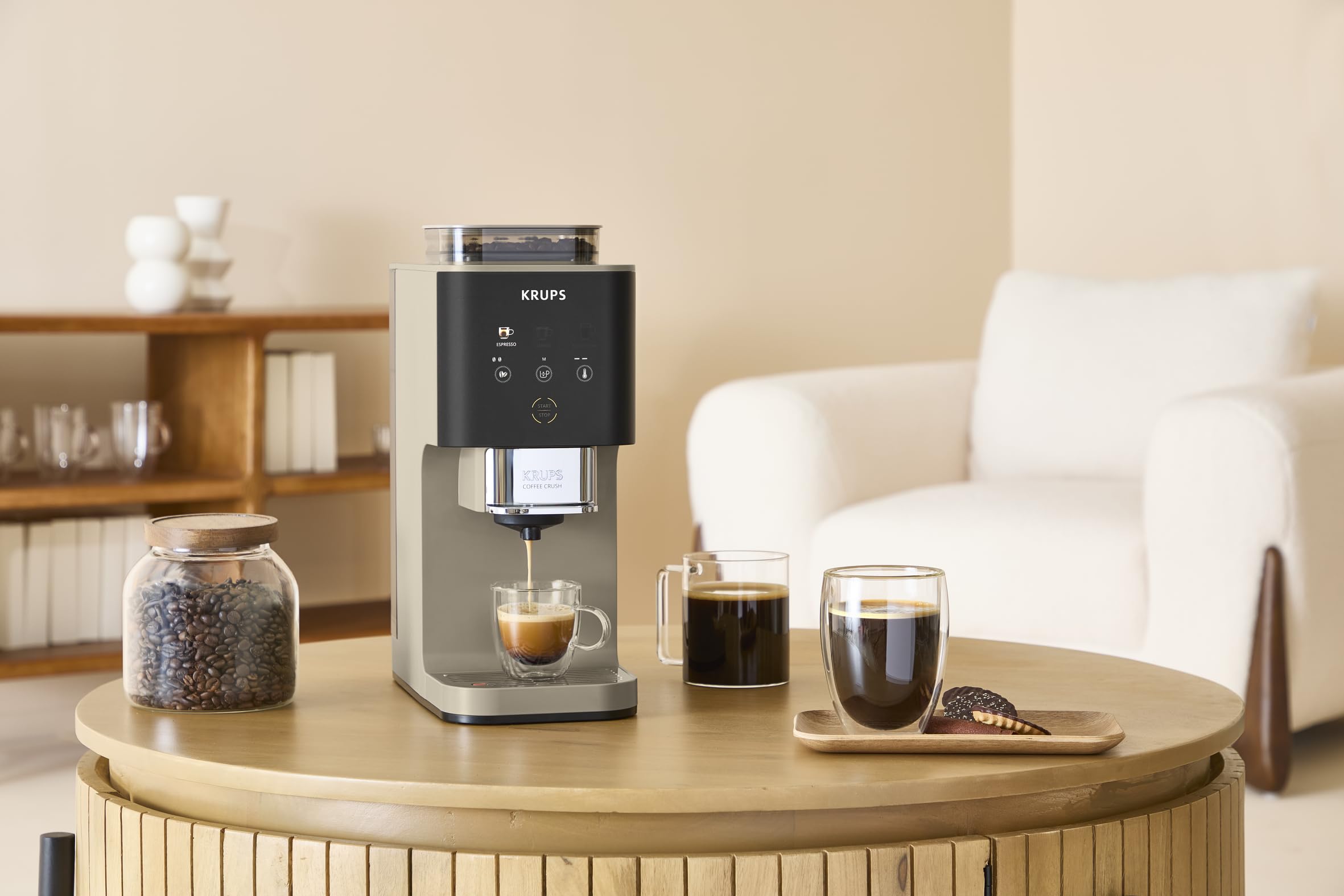 Krups Coffee Crush SA402AE0 Ekspres do kawy ciśnieniowy kolbowy z młynkiem, młynek ze stali nierdzewnej, tylko 15 cm szerokości, inteligentny panel sterowania, ciśnienie 15 barów