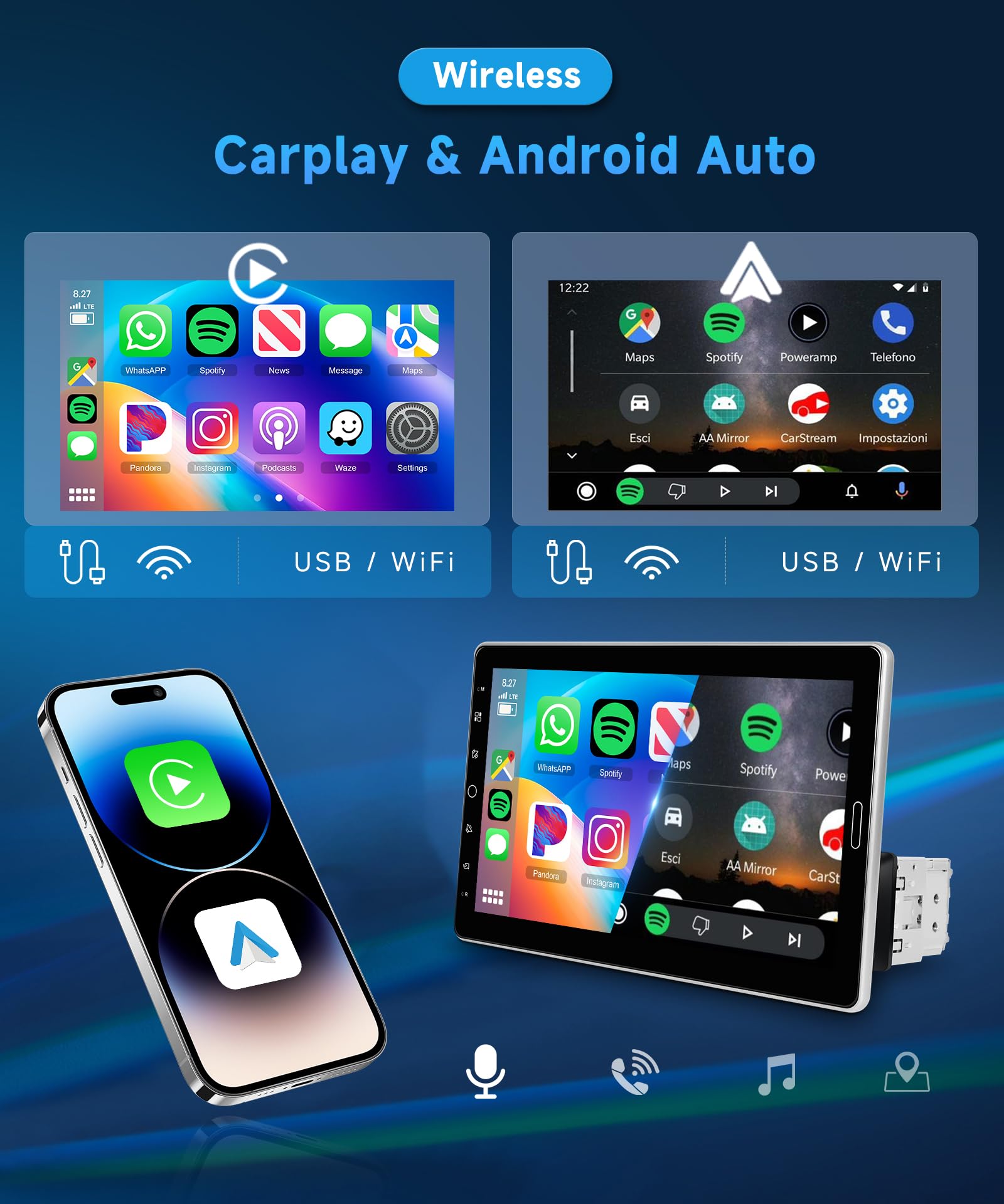 Rimoody Bezprzewodowe radio samochodowe 1 Din 10,1 cala z obrotowym ekranem dotykowym Radio samochodowe z Androidem Auto Mirror Link Bluetooth FM/AM/RDS/EQ USB/AUX, sterowanie na kierownicy, kamera