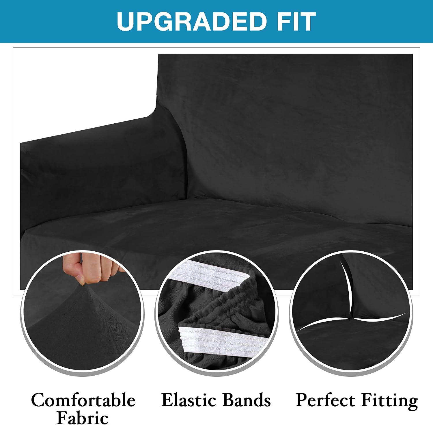 Velvet Stretch Sofa Covers Loveseat Couch Covers for 2 Cushion Couch Loveseat Covers for Living Room, Loveseat Slipcovers Pets Friendly, Thick Soft Washable, Secure with Strap (58"-72, Black)