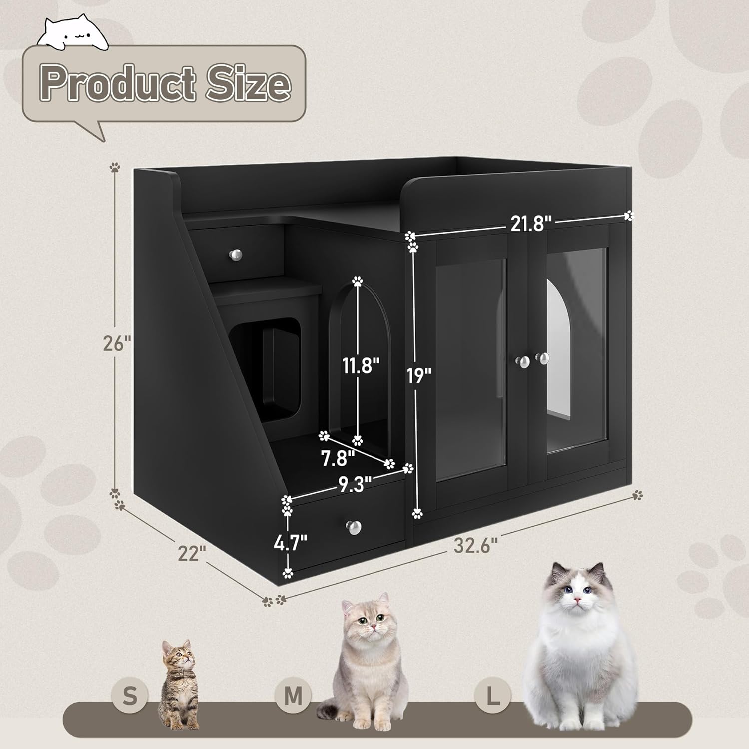 Cat Litter Box Enclosure with Light, 33" Hidden Litter Box Furniture with 2 Storage Drawers and 3 Side Stairs, Indoor Cat House Side Table for Living Room, Black