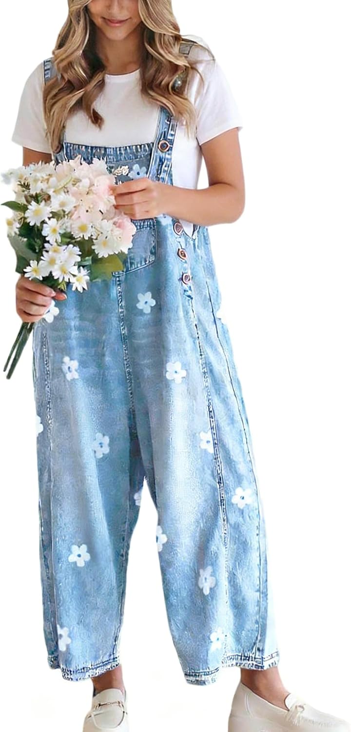 utcoco Women Floral Printed Adjustable Strap Denim Bib Overall Wide Leg Jeans Casual Baggy Overalls Jumpsuit