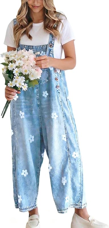 utcoco Women Floral Printed Adjustable Strap Denim Bib Overall Wide Leg Jeans Casual Baggy Overalls Jumpsuit (Small, Light Blue)