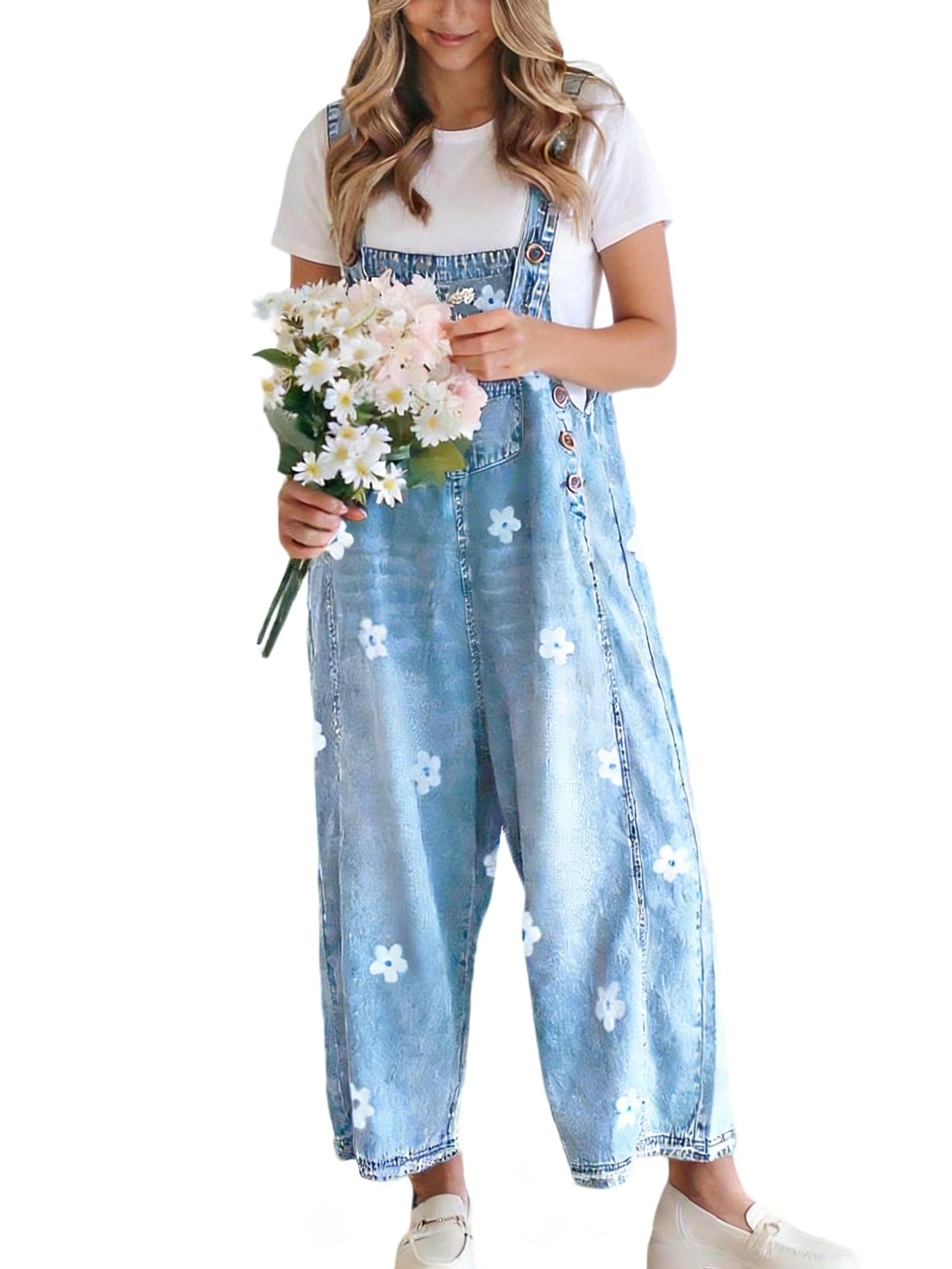 utcoco Women Floral Printed Adjustable Strap Denim Bib Overall Wide Leg Jeans Casual Baggy Overalls Jumpsuit
