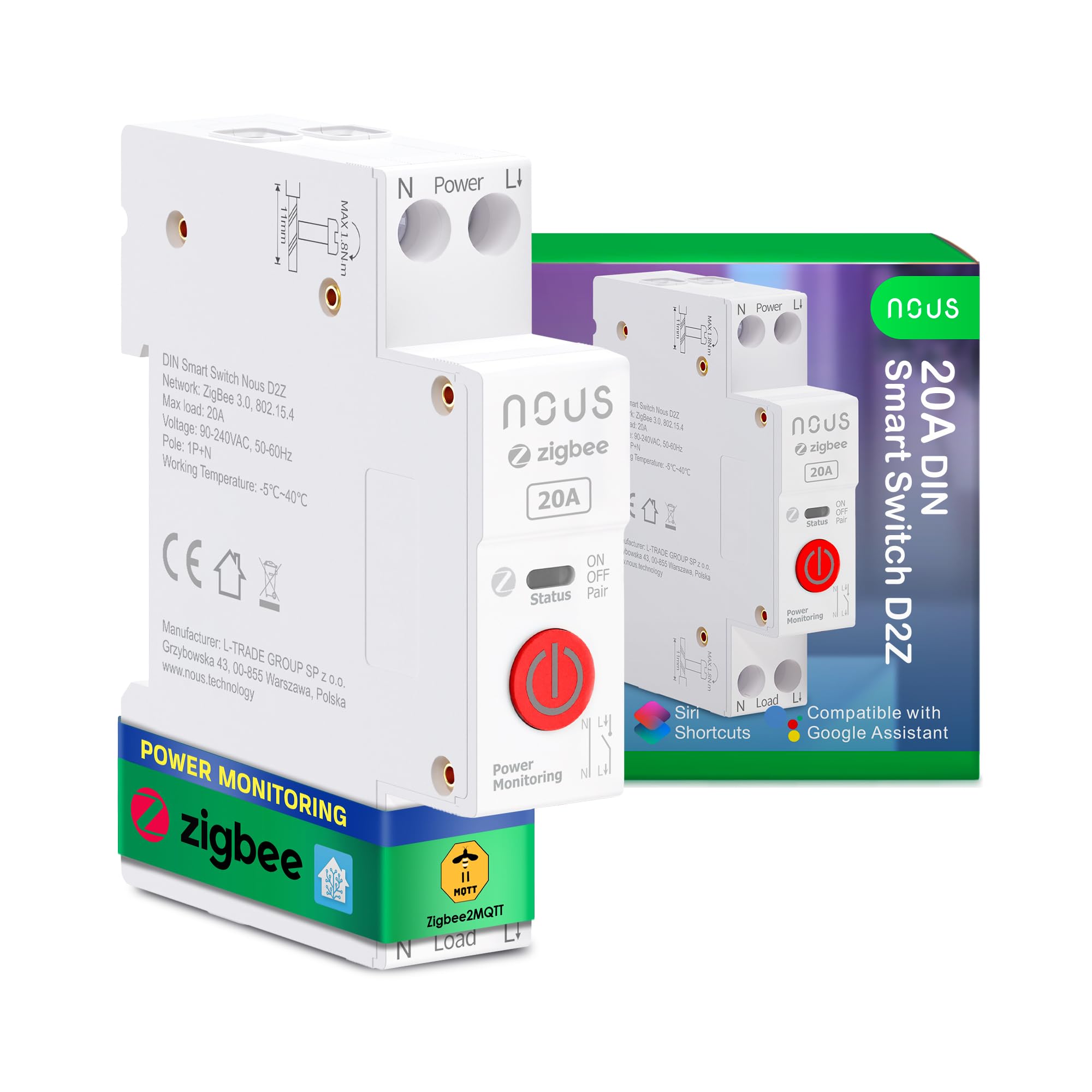 Nous Zigbee DIN przełącznik szyny montażowej, 20 A, inteligentny przełącznik z monitorowaniem energii, kompatybilny z Zigbee2MQTT, Home Assistant, Alexa i Google Home, zdalne sterowanie aplikacją,