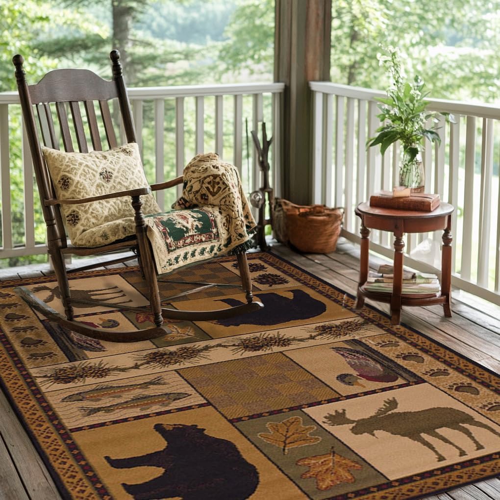 Rustic Lodge Cabin Bear Area Rug for Living Room Soft Vintage Maple Leaves Print Carpet Apartment Decor Brown Wildlife Rugs 5'x7'