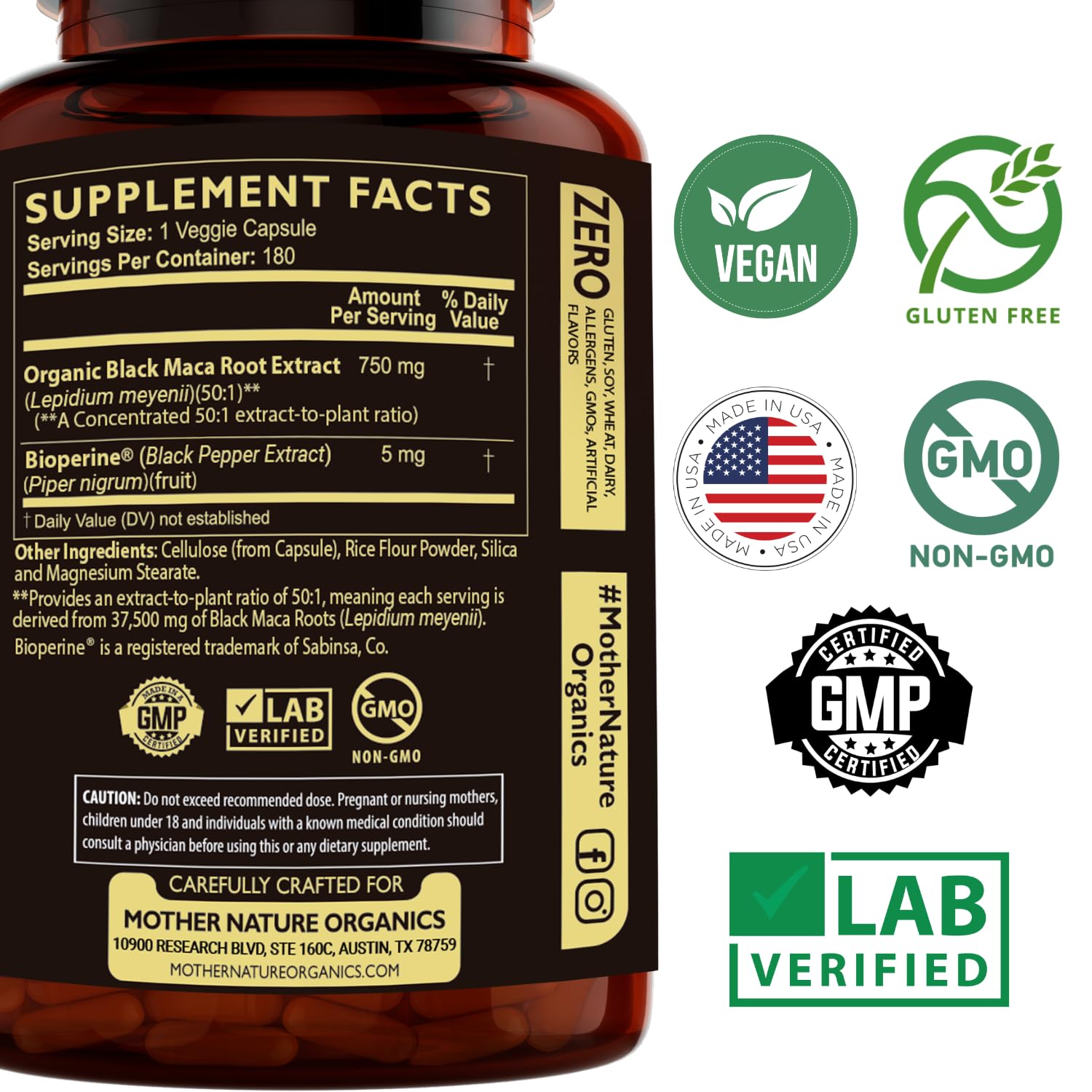 MNO Black Maca Extract 50:1, 750mg + BioPerine, Made from Organic Black Maca, 180ct — Amazon image 4
