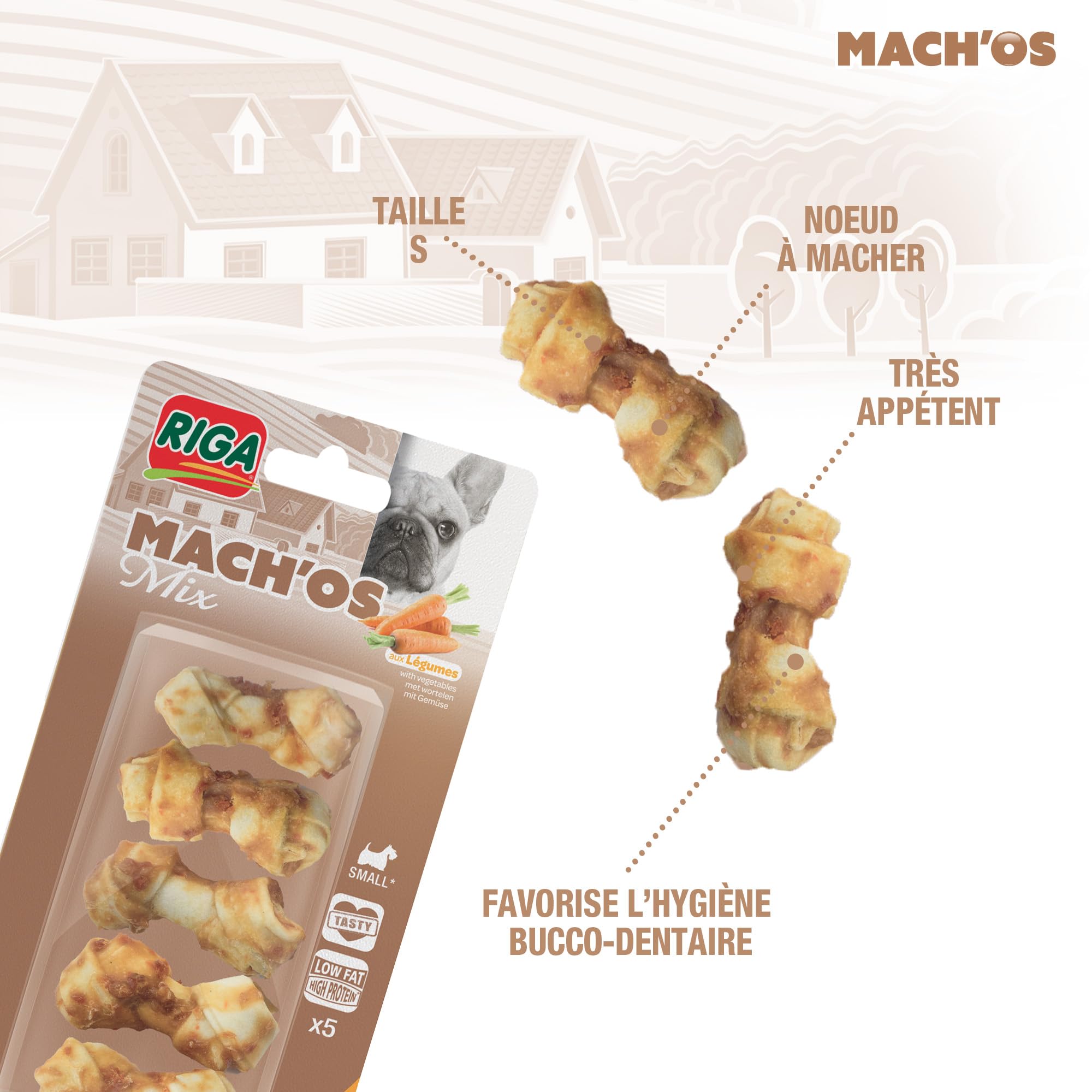 Image secondaire de Os Nœud Mach'Os pour Chien - Peau de Buffle au Poulet et Carotte - 5 Pièces