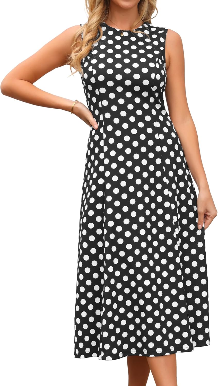 Seta T Women's Polka Dots Dress Summer Tank Sleeveless Sundress Vintage Crewneck Elegant Midi Dresses