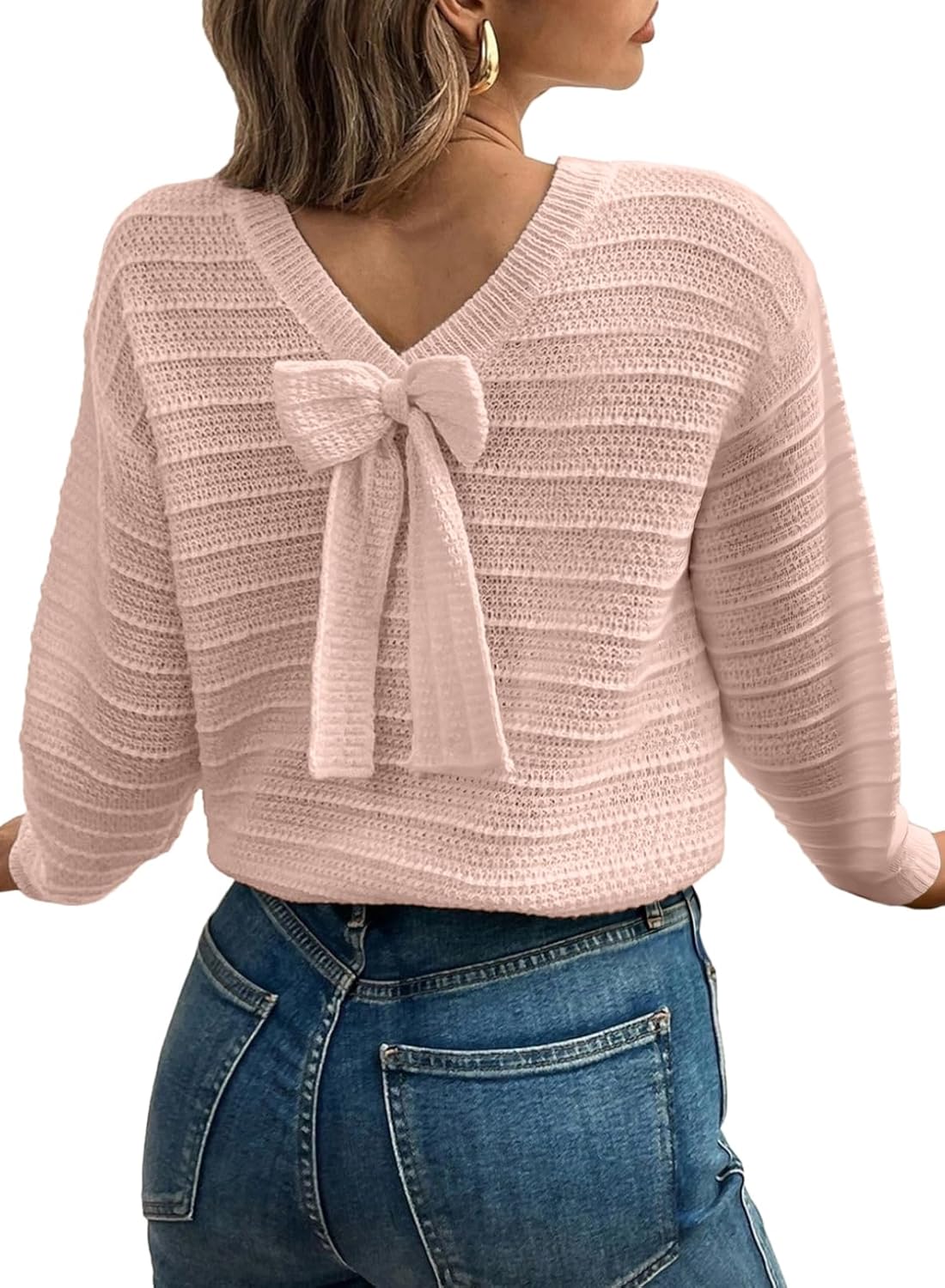 EVALESS Sweaters for Women Long Sleeve Fall Outfits 2025 Back Bow Knot Sweaters Round Neck Solid Knit Pullover Tops
