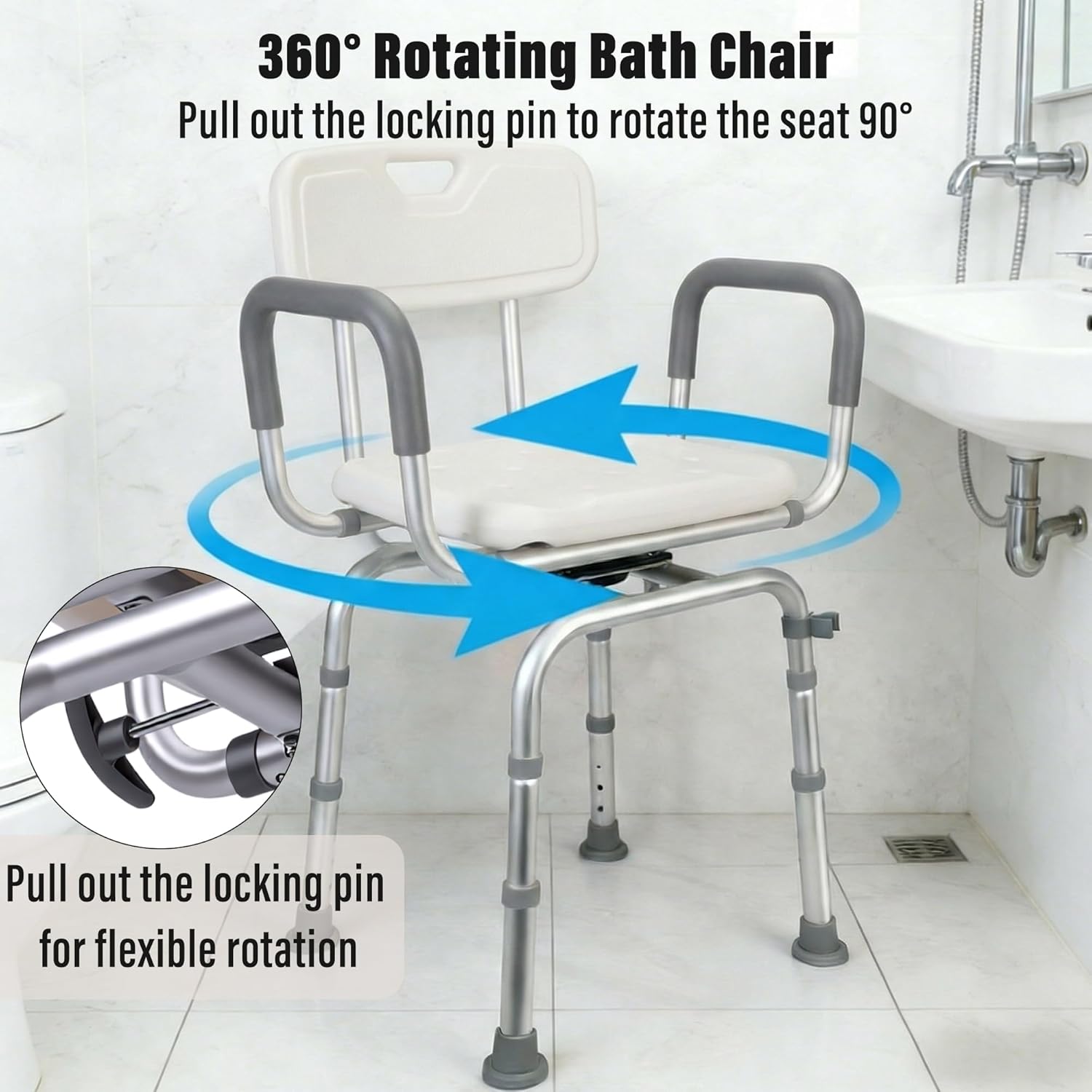 Swivel Shower Chair, 360° Rotating Shower Chair with Arms, Back & Shower Holder, Height Adjustable Non-Slip Bath Seat for Elderly, Disabled & Pregnant Adults, Heavy Duty for Inside Shower & Bathtub