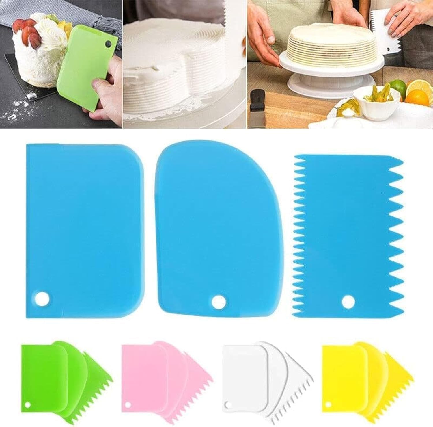 [3 Pcs] Cake Scraper Set – Dough Cutter and Icing Buttercream Smoother for Cake Decorating, Baking & Pizza Cutter (Plastic Scrapers)