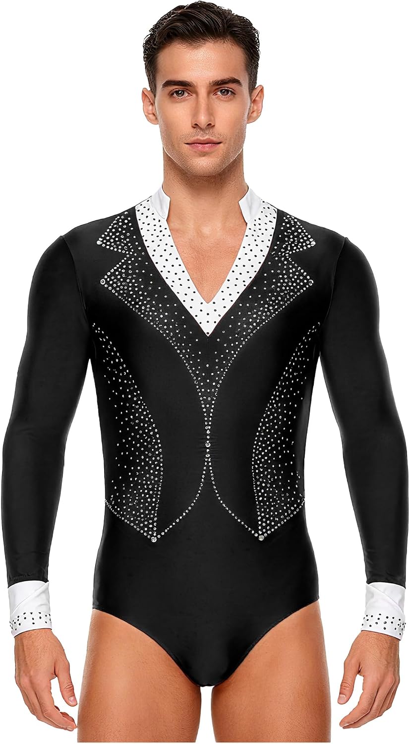 Men's V Neck Long Sleeve Shiny Rhinestones Salsa Tango Latin Ballroom Dance Leotard Shirt Top