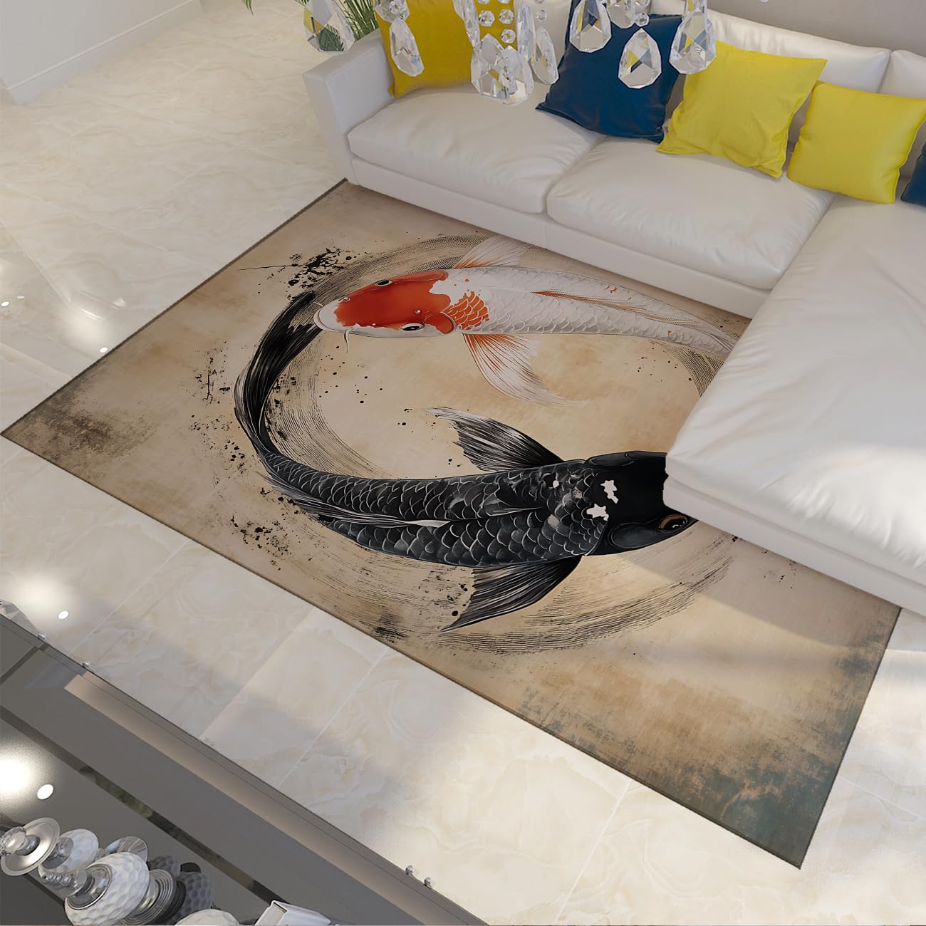 Tapis de salon lavable 180x240 cm style encre orientale noir et blanc