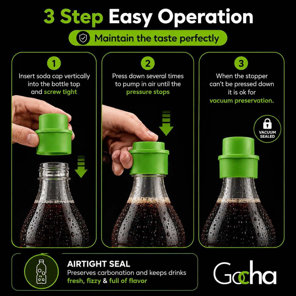 GOCHA Gadgets Soda Bottle Stoppers, 2 Pack, Reusable Pump Caps, Green