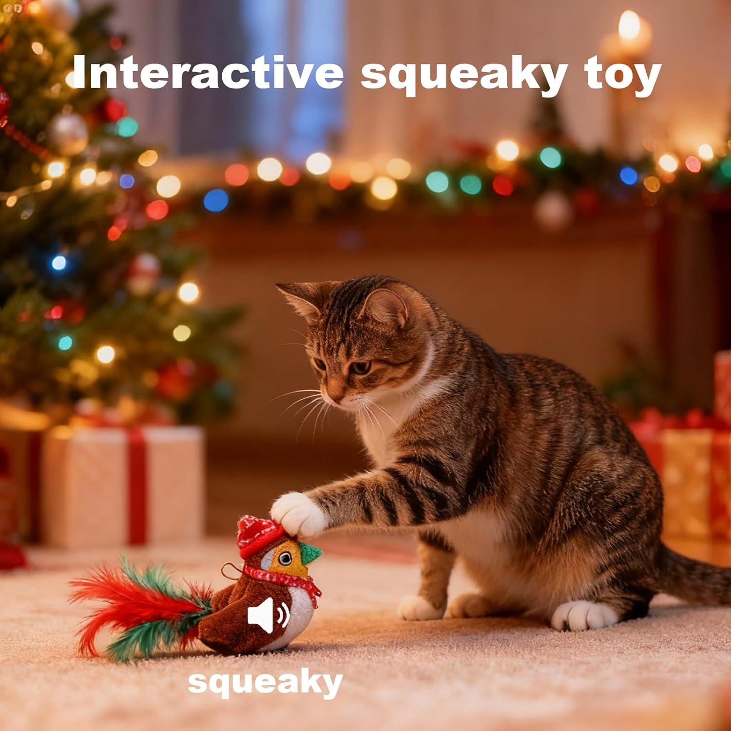 Christmas Cat Toy Set, 5 Pack Bundle with Interactive Feather Wand, Talking Robin, Plush Santa Truck, Reindeer Cape & Gift Bag – Catnip & Squeaky Toys for Indoor Cats