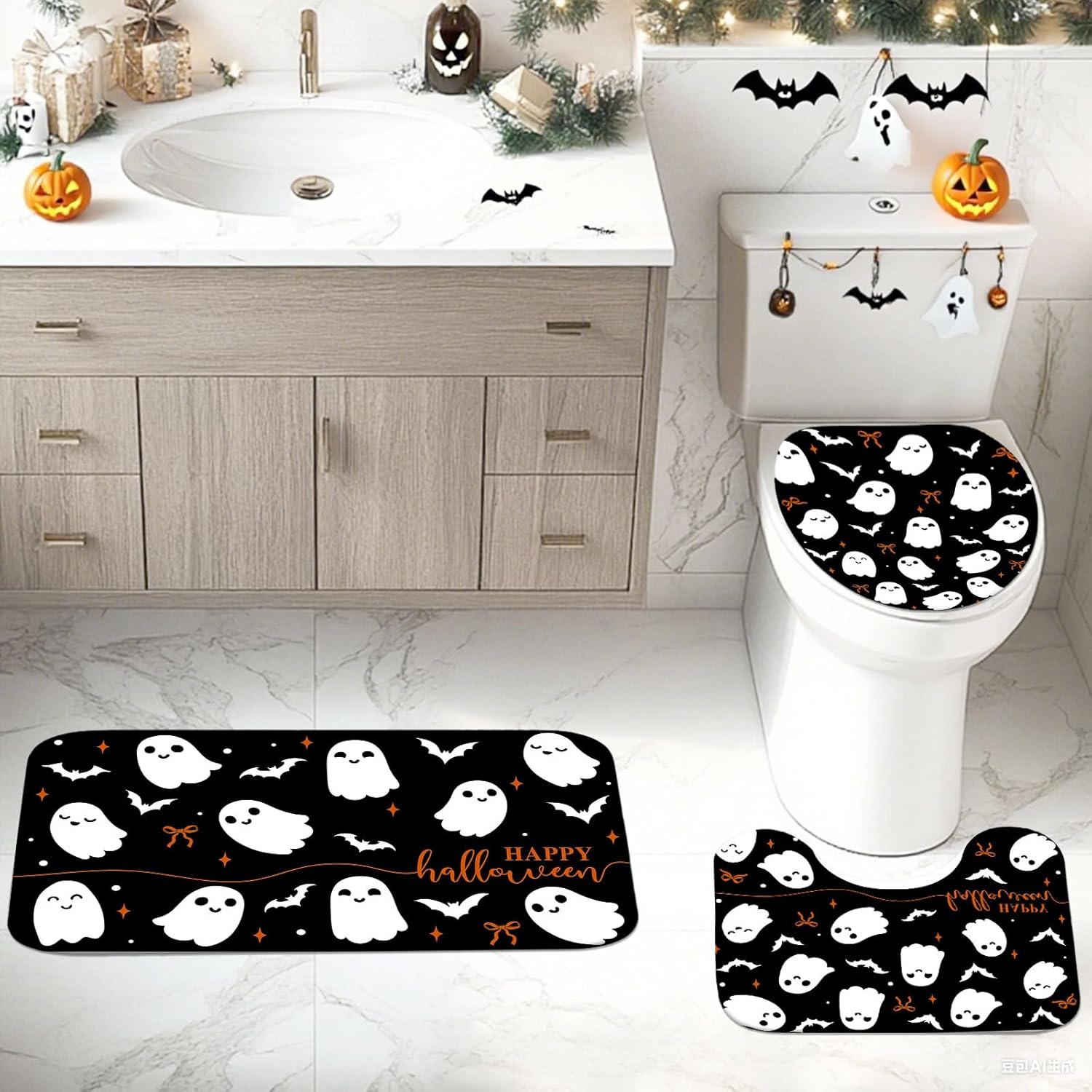 4Pcs Halloween Shower Curtain Set Black Spooky Bow Ghost Shower Curtain Set for Halloween Bathroom Decor with Anti-Slip Waterproof Bathtub Bathroom Rugs Toilet Lid Cover