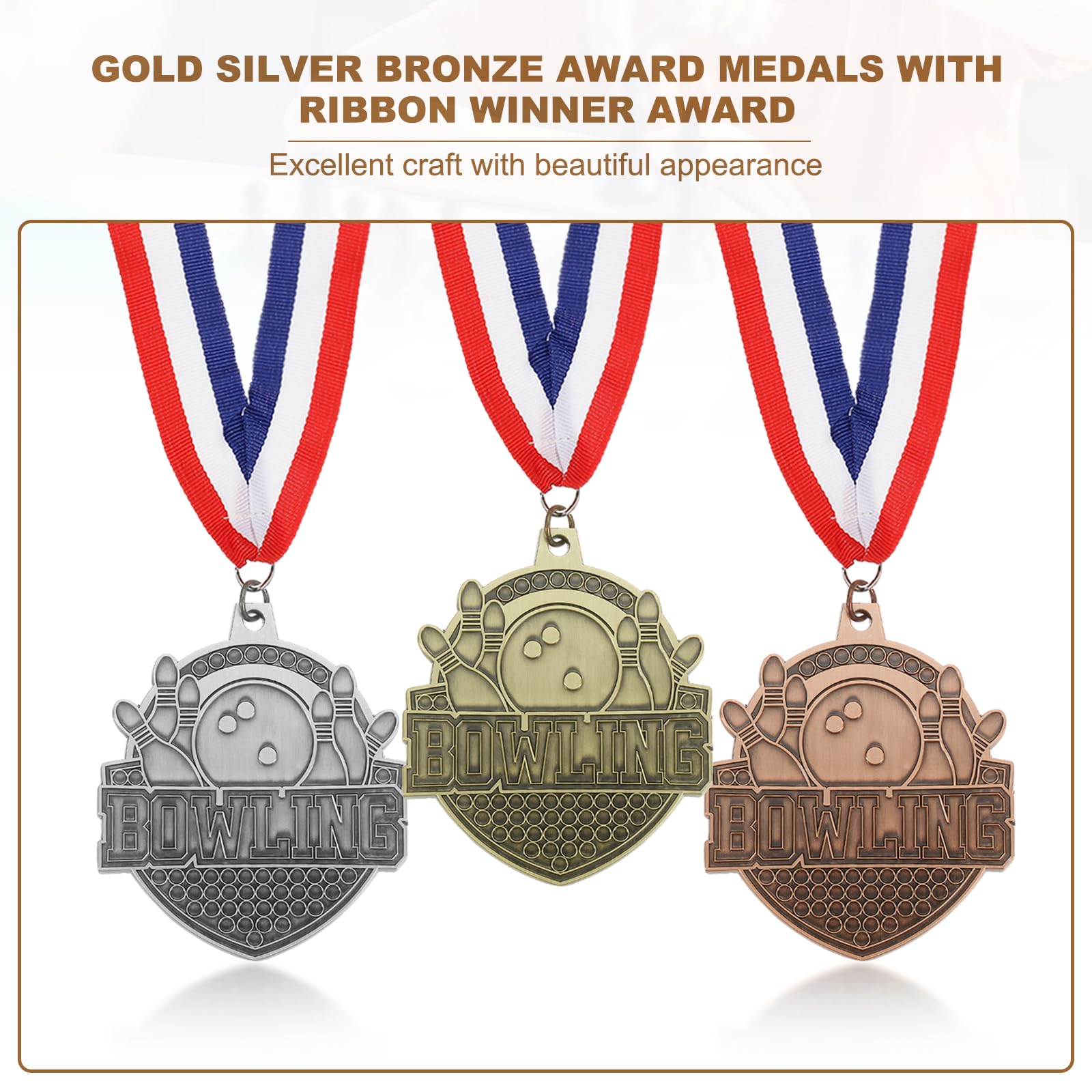 PATIKIL Medaglie d'oro Argento Bronzo per Giochi Bowling con Nastri Rosso & Bianco & Blu, Medaglia di Bowlingo 9Pz Medaglie Vincitore Premi Competizioni Oro/Argento/Rosso
