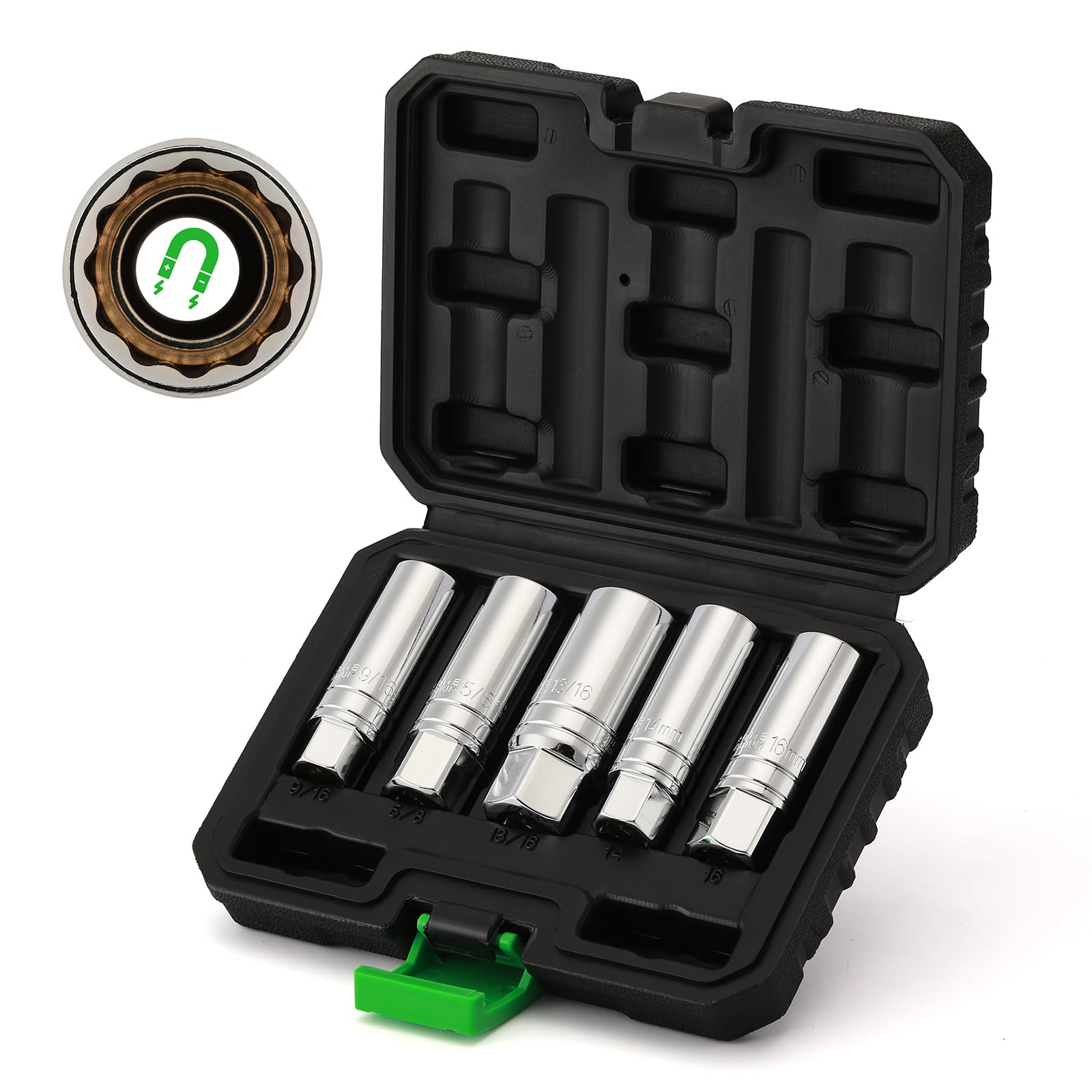 TecoTek 5 Piece 3/8-Inch Drive Magnetic Spark Plug Socket Set, Includes 14mm and 16mm Thin Wall Sockets and 9/16-inch, 5/8-inch, and 13/16-inch Sockets, 3/8-inch Drive with 6-Point and 12-Point, CR-V,